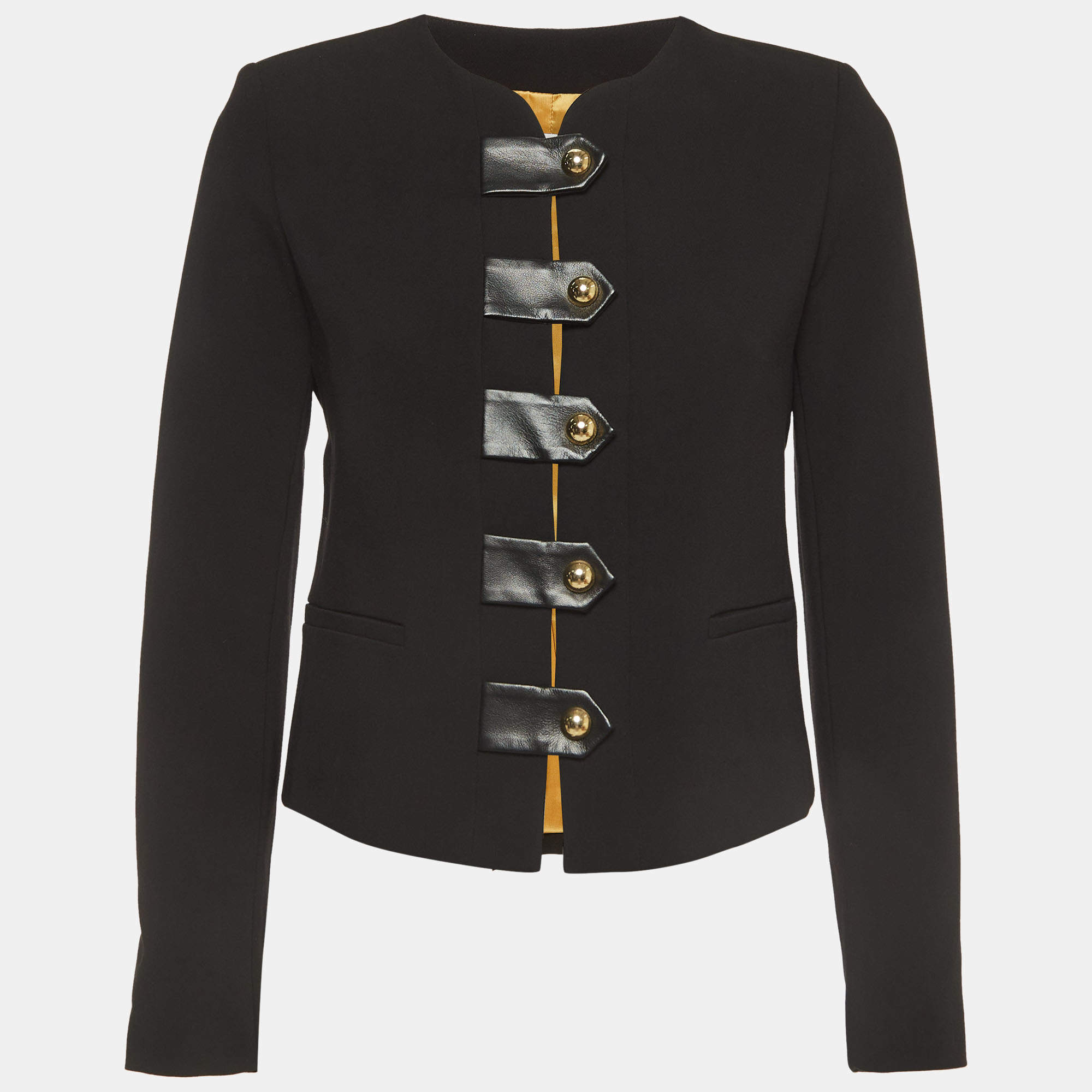 Sandro Black Crepe Leather Trim Buttoned Blazer XS