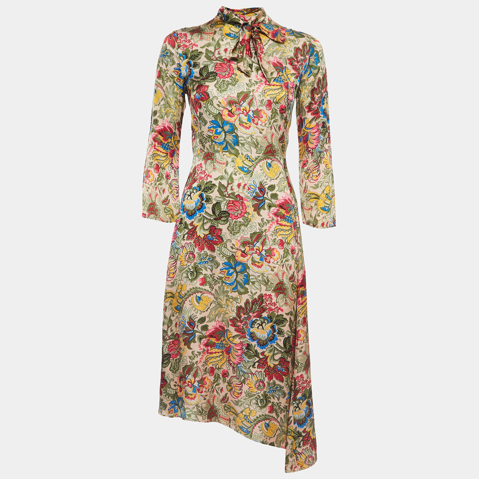 Pre Owned Sandro Multicolor Floral Print Crepe Neck Tie Detail Midi Dress S