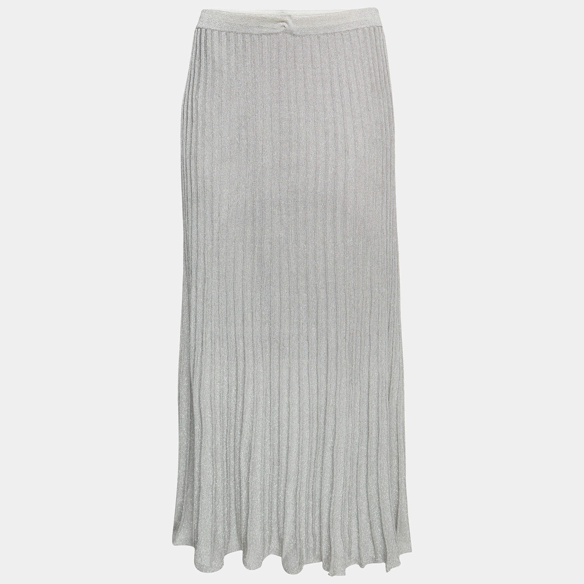 Pre Owned Sandro Silver Shimmer Effect Synthetic Pleated Midi Skirt S 