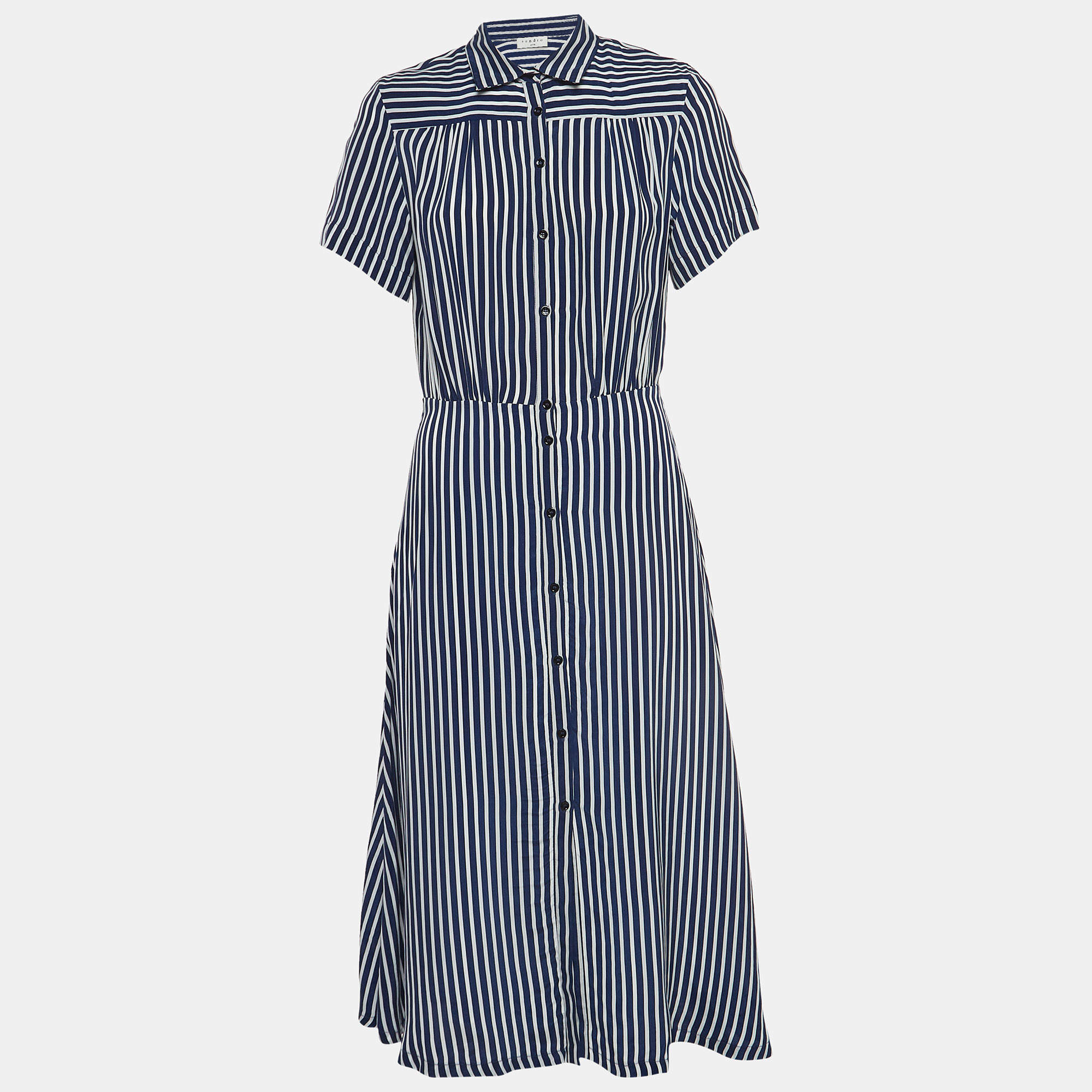 Pre Owned Sandro Blue Striped Print Cupro Shirt Dress M