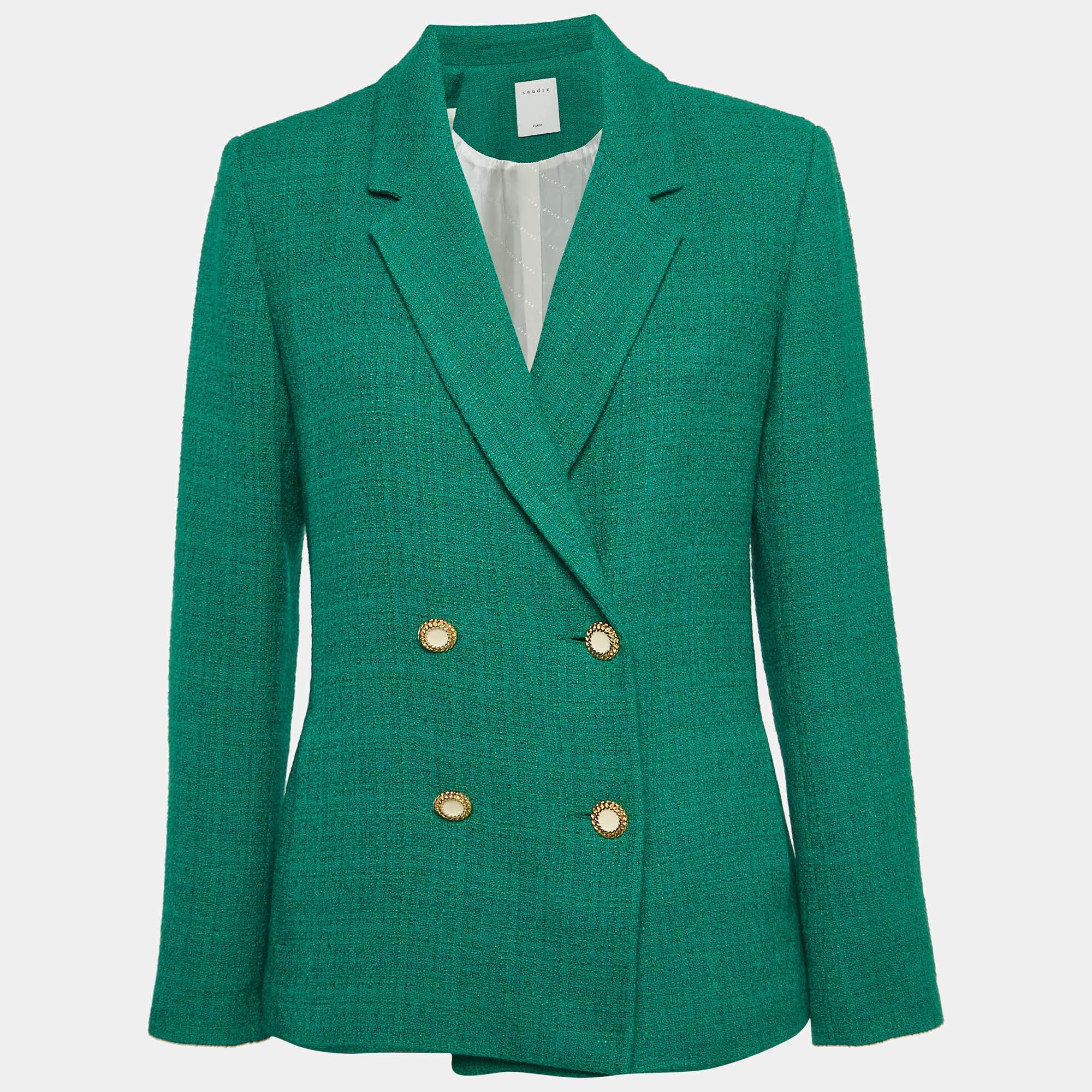 Pre Owned Sandro Green Tweed Double-Breasted Blazer M
