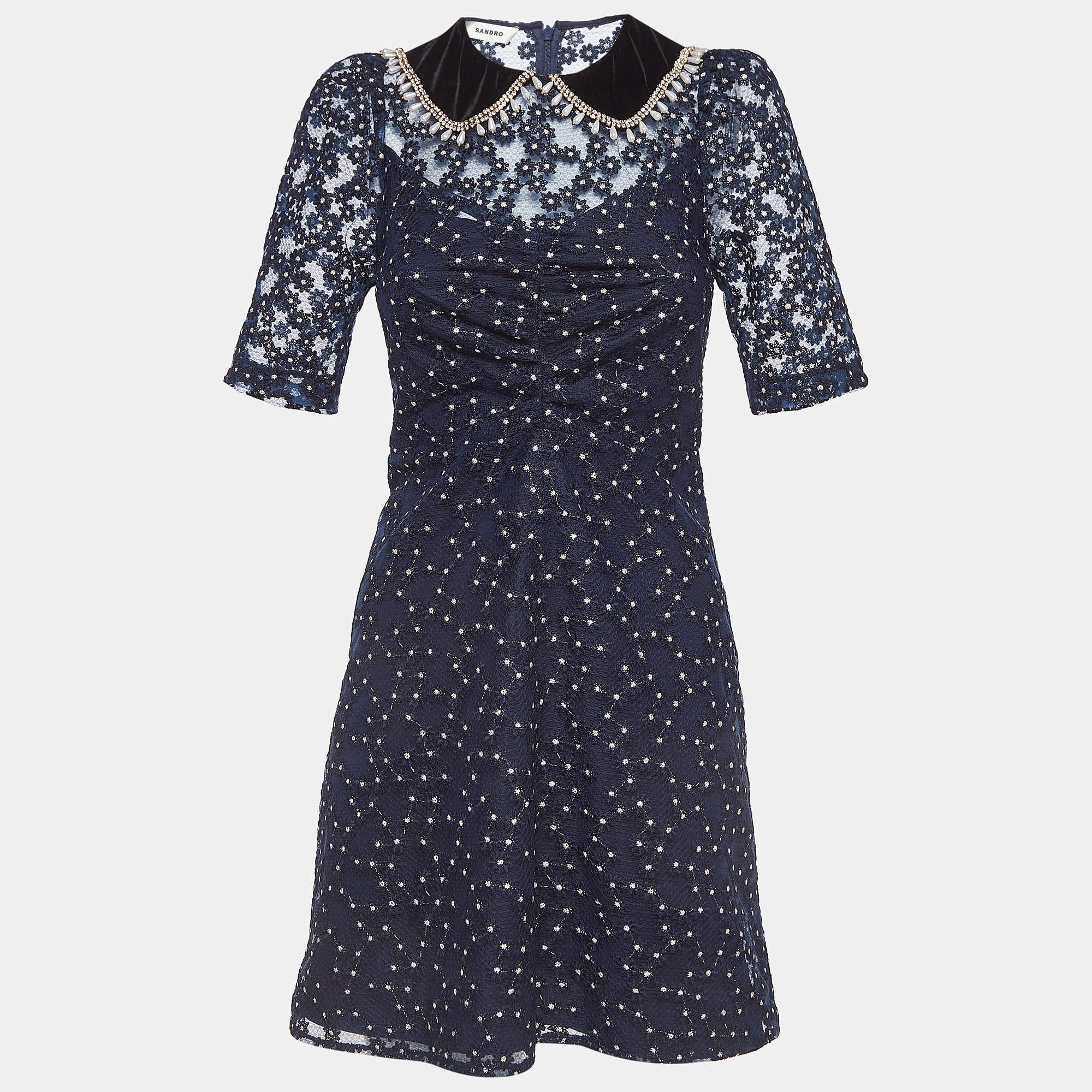 Pre Owned Sandro Navy Blue Lace Embellished Lucianita Mini Dress S