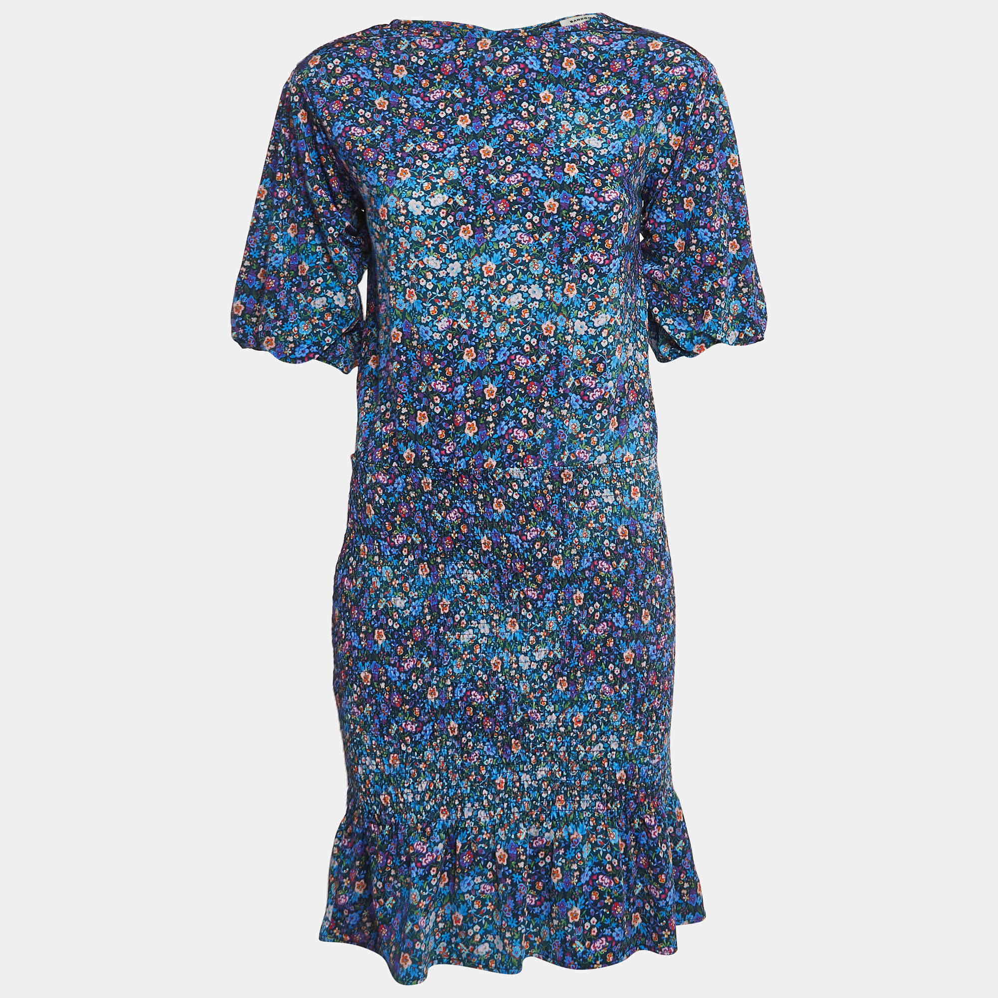Pre Owned Sandro Blue Floral Printed Jersey Spinelle Mini Dress XS