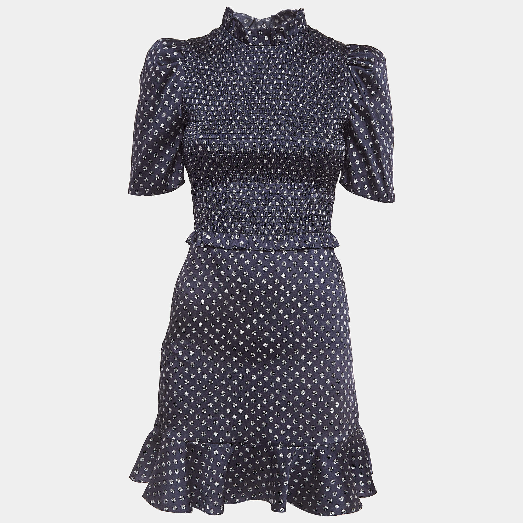 Pre Owned Sandro Navy Blue Printed Satin Mini Dress S