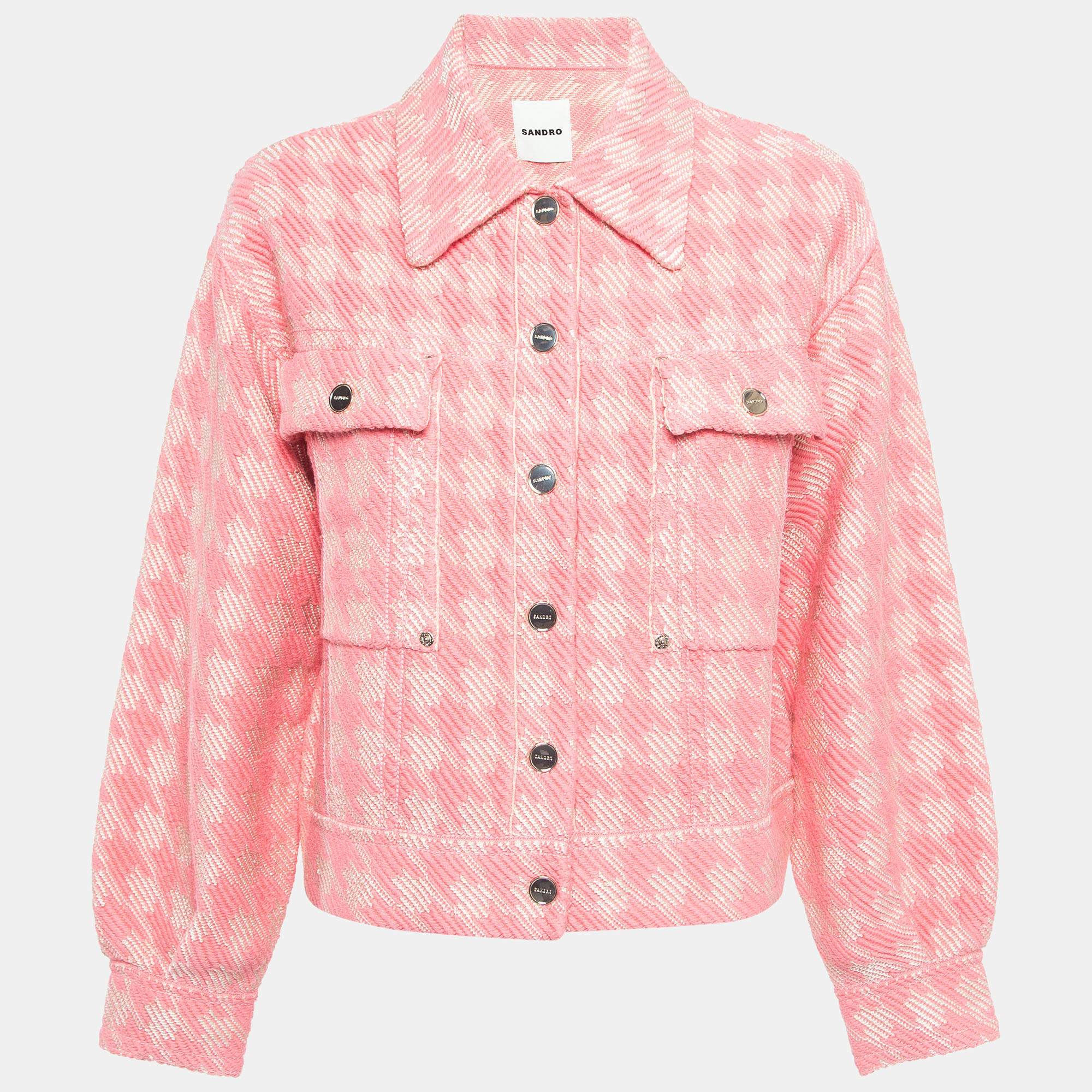 Sandro Pink Houndstooth Knitted Jacket S