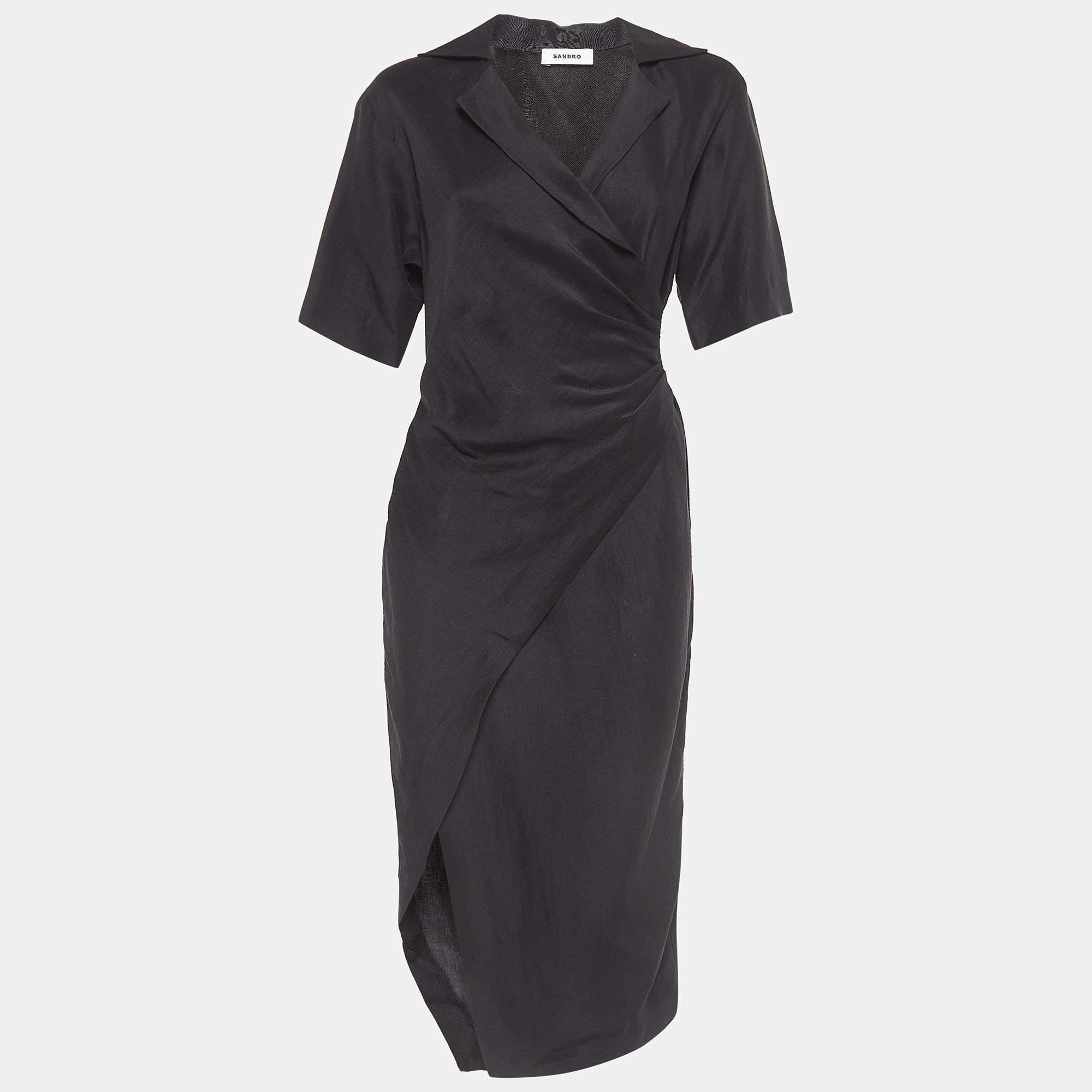 Pre Owned Sandro Black Linen Blend Ruched Midi Dress S