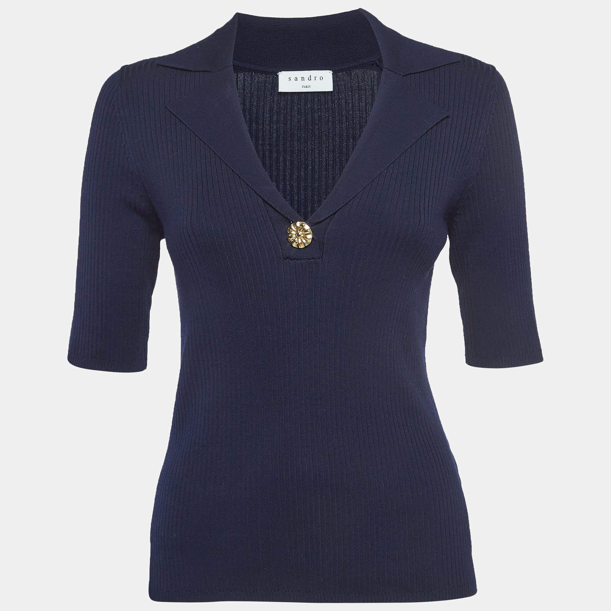 Pre Owned Sandro Navy Blue Rib Knit Short Sleeve Polo T-Shirt L