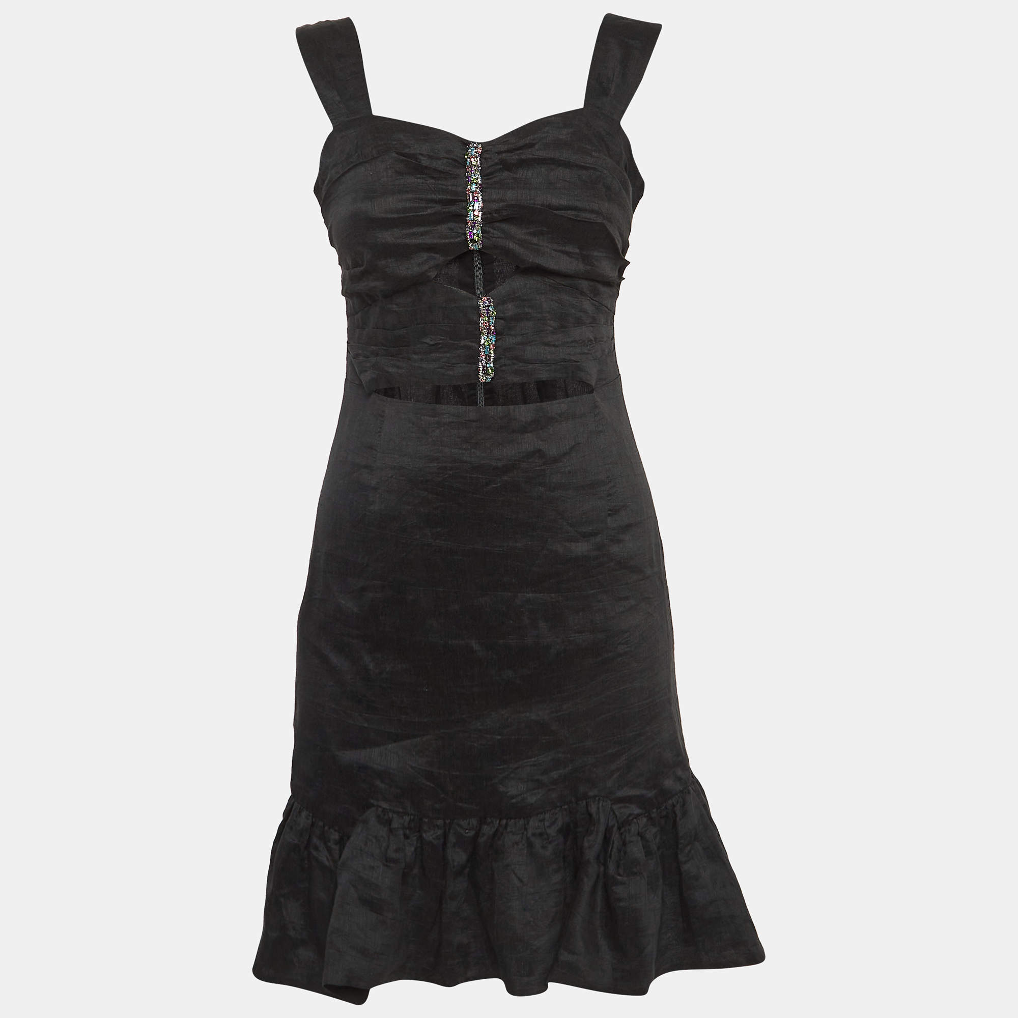 Sandro Black Crystal Embellished Linen Blend Cut-Out Detail Mini Dress S