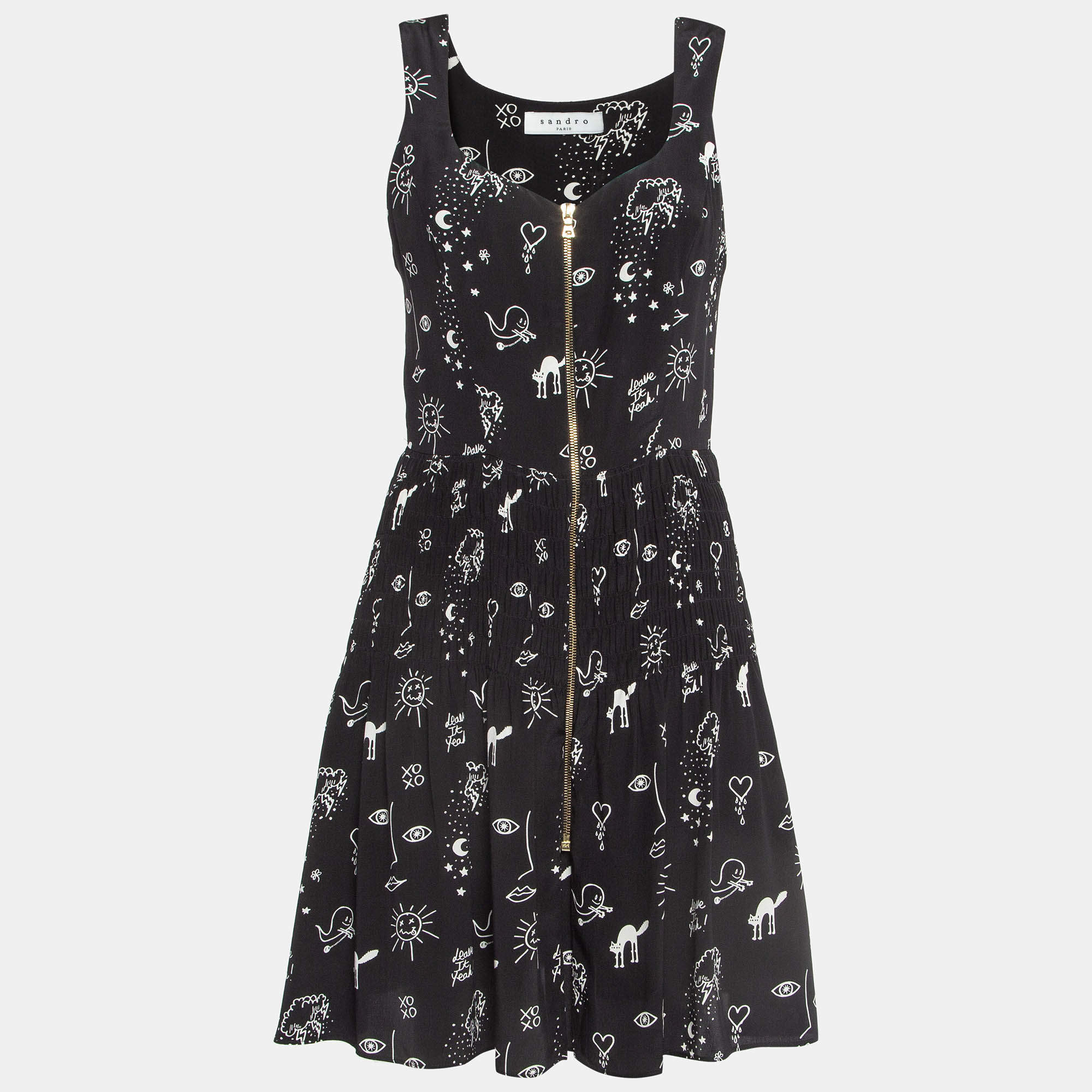 Pre Owned Sandro Black Printed Silk Zip-Up Mini Dress M