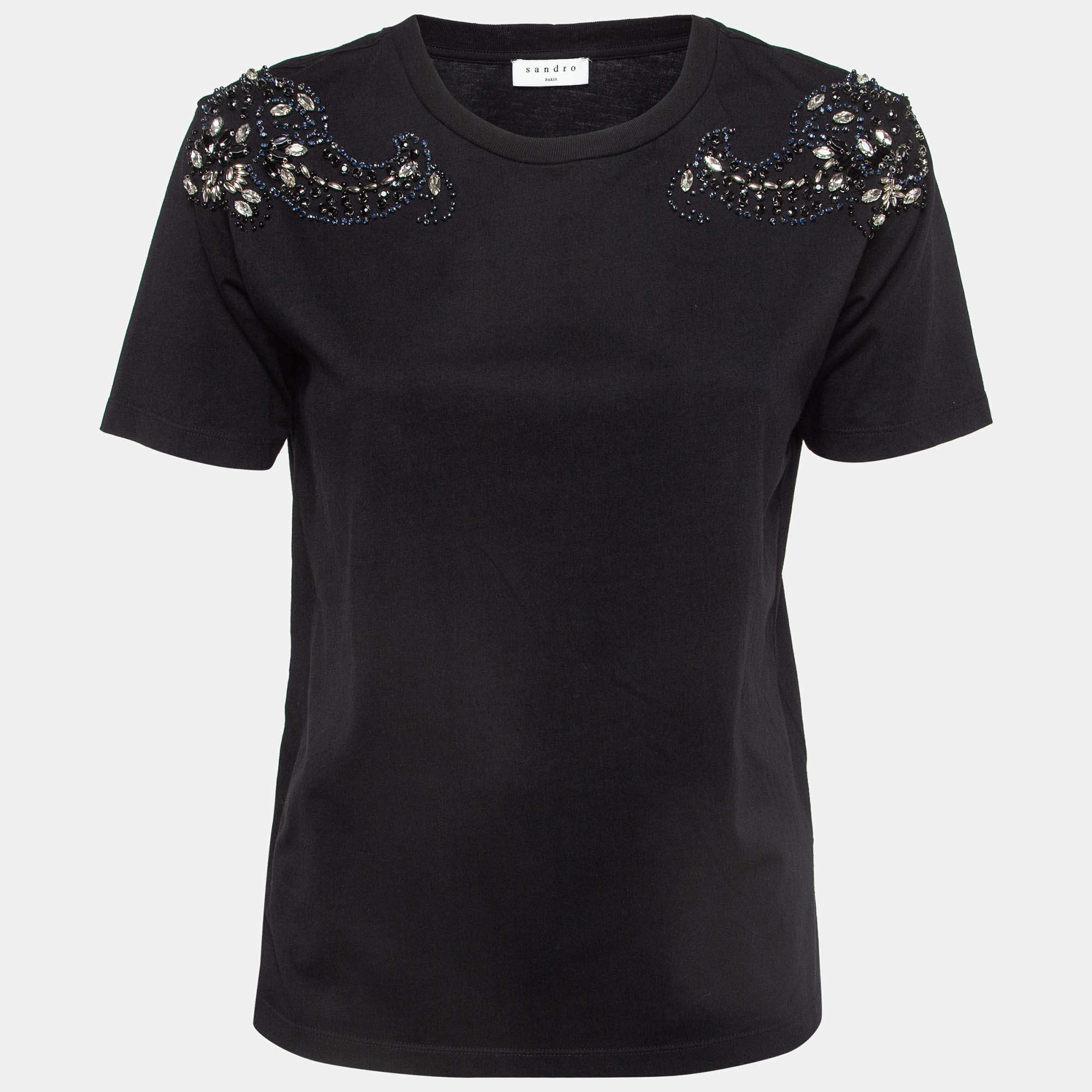 Sandro Black Cotton Knit Crystal Embellished T-Shirt S