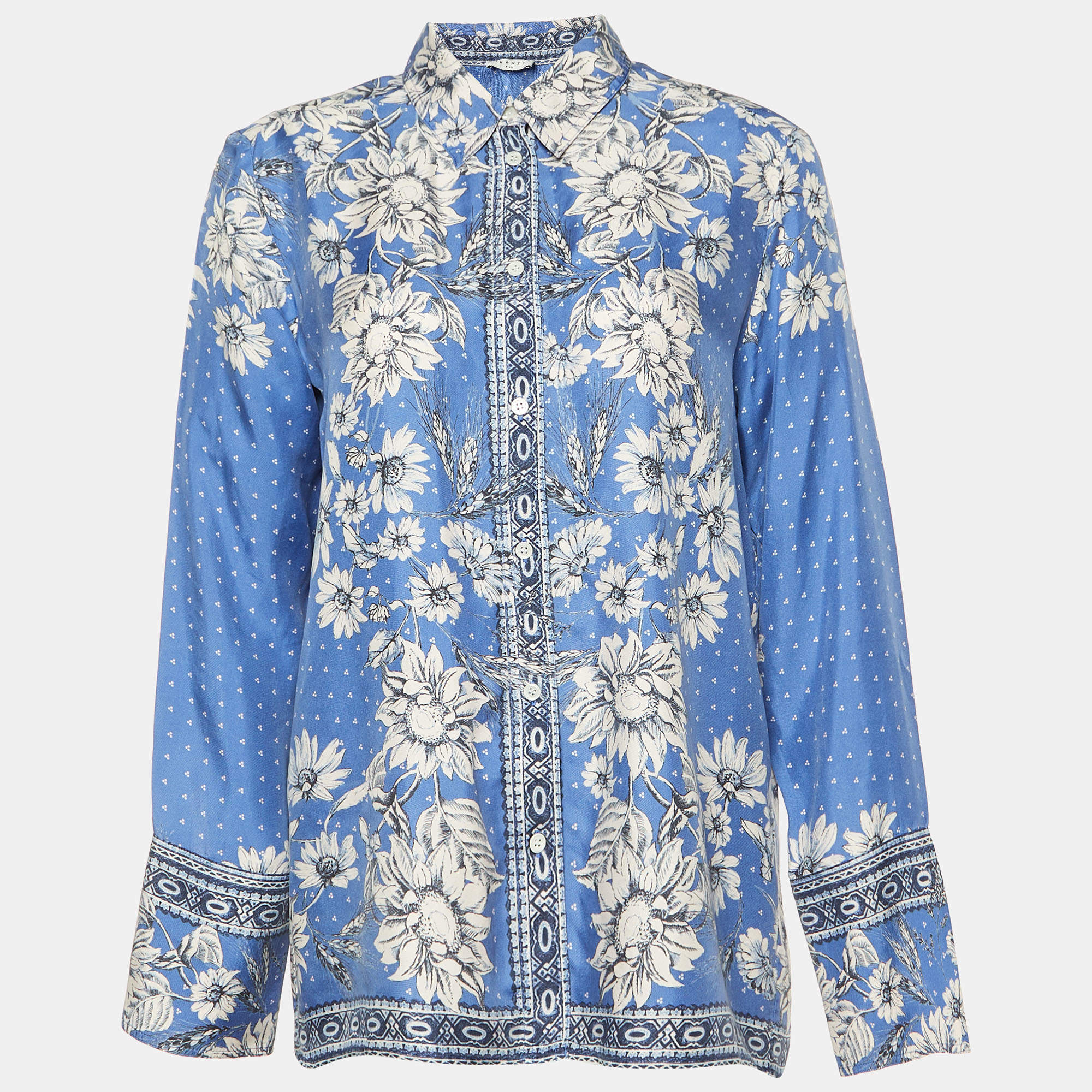 Pre Owned Sandro Blue Printed Silk Shirt M