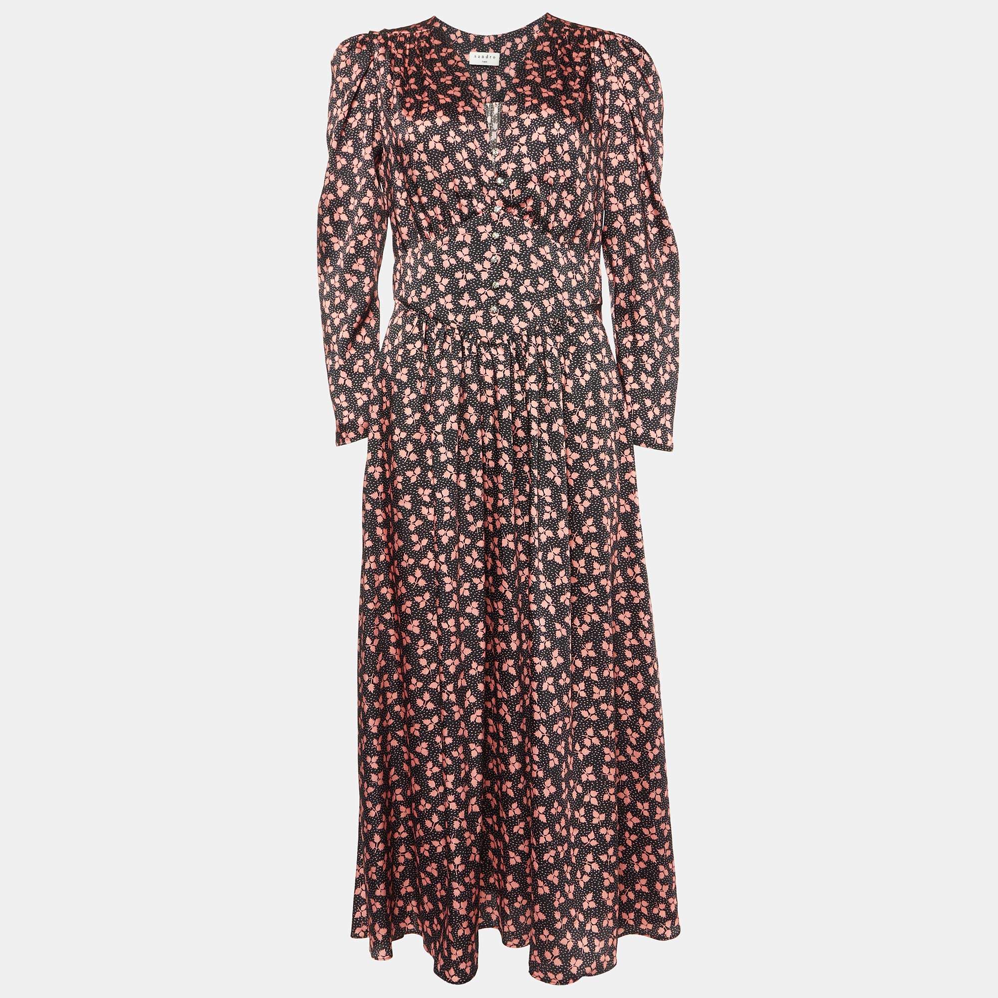 Pre Owned Sandro Black Printed Satin Maxi Dress M