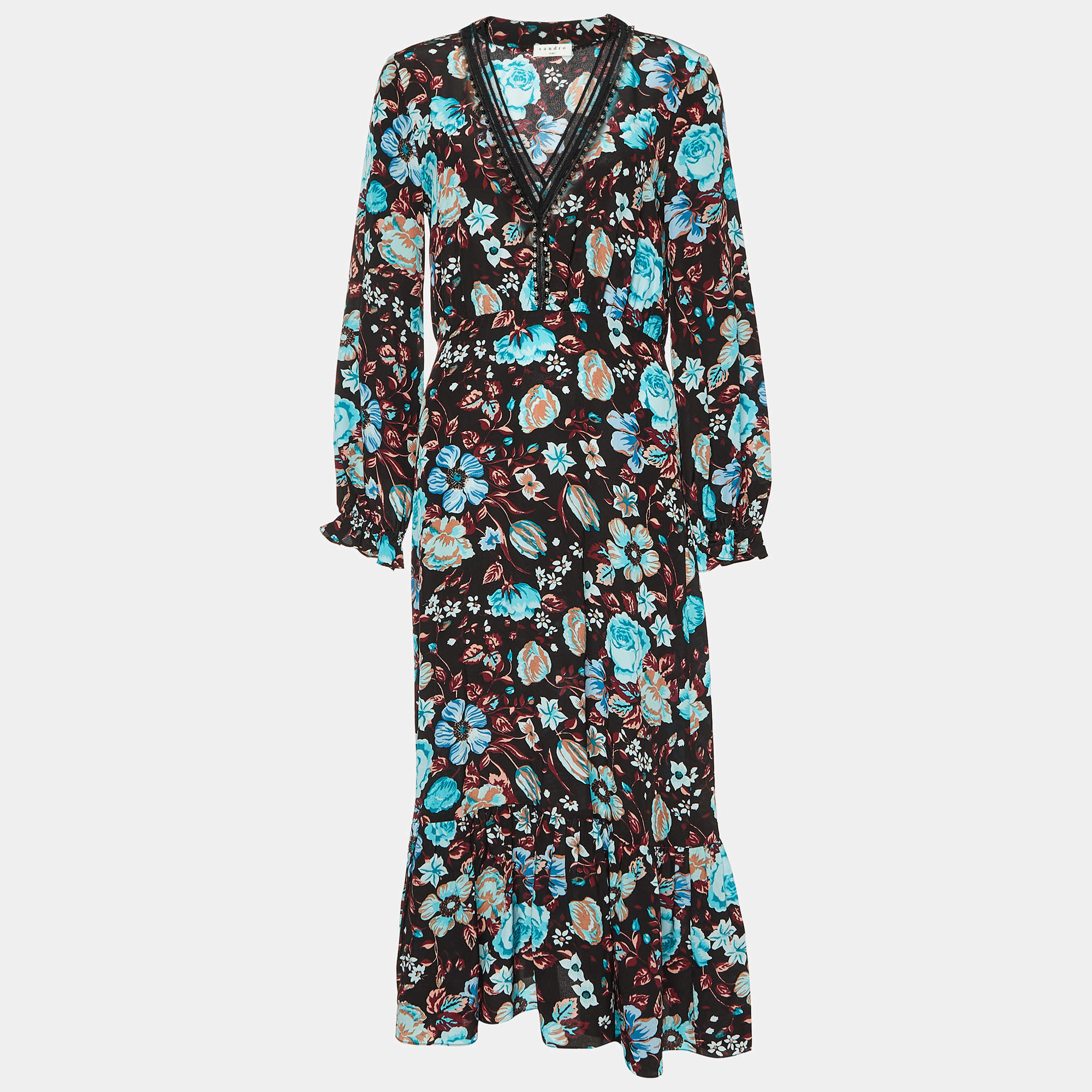 Pre Owned Sandro Black Floral Printed Silk Midi Dress S