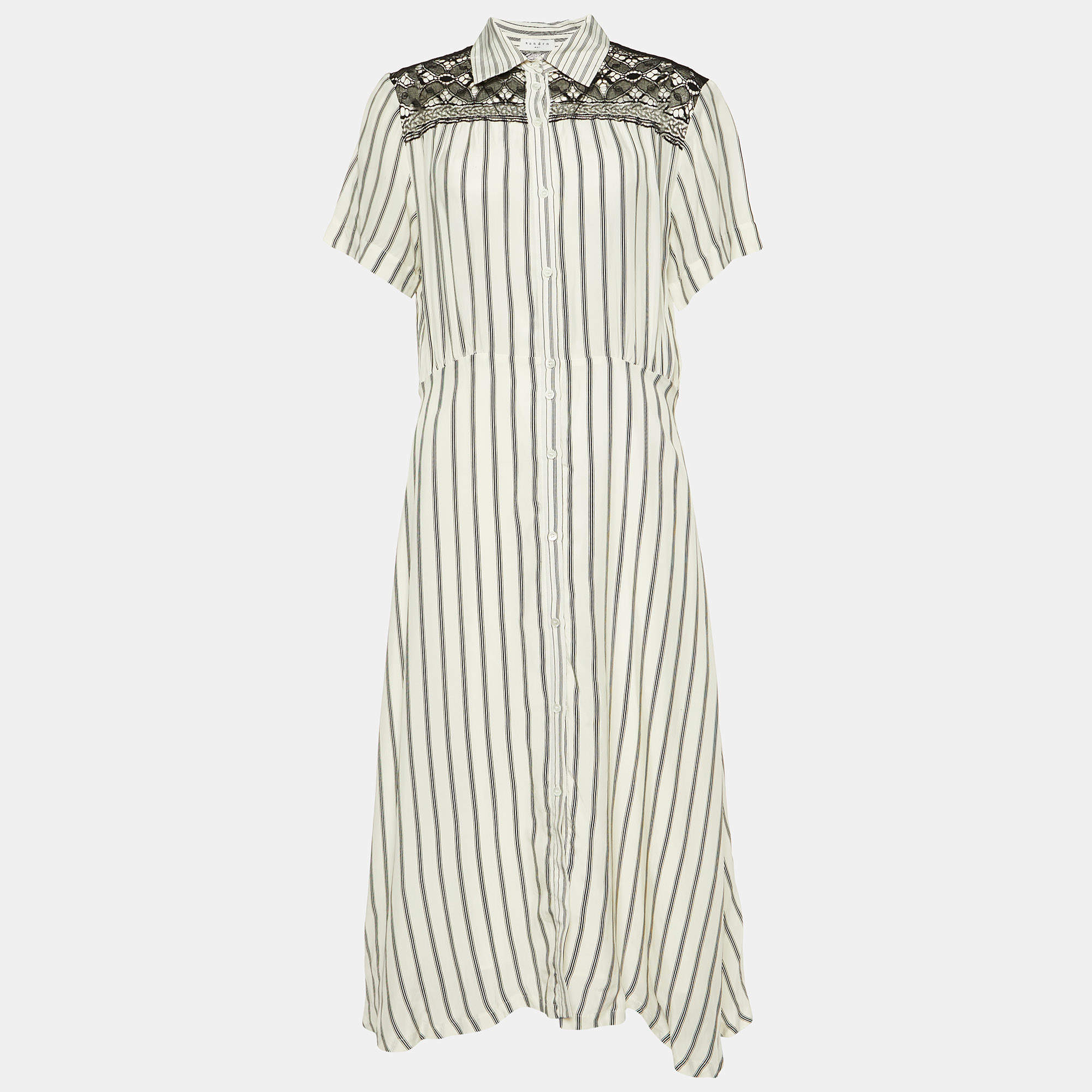 Pre Owned Sandro White Striped Cupro Midi Dress L