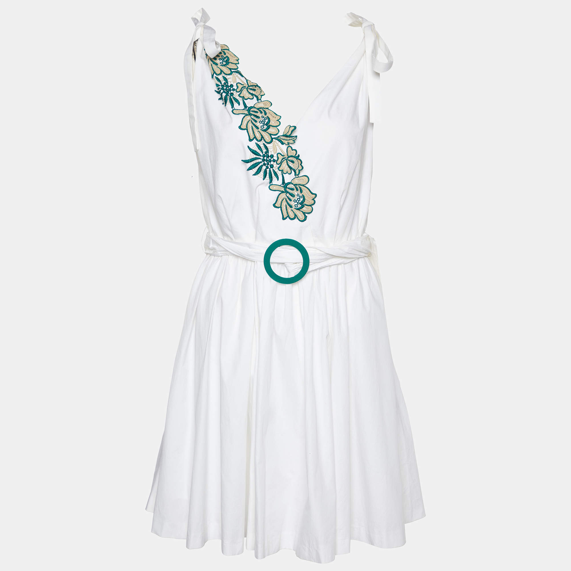 Pre Owned Sandro White Cotton Applique Detail Belted Mini Dress S