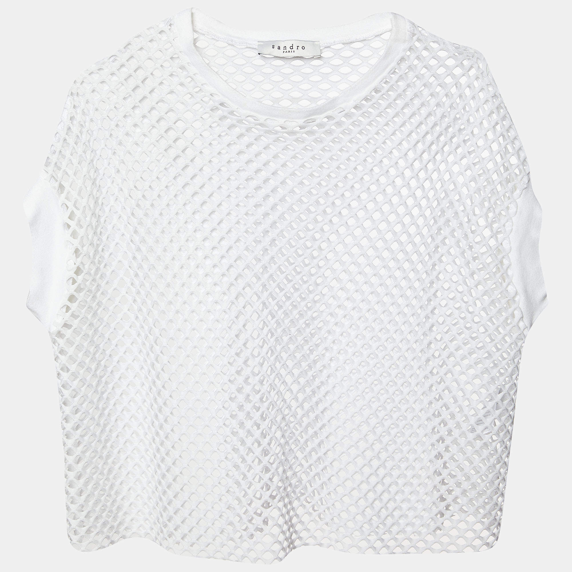 Pre Owned Sandro White Mesh Crew Neck Crop Top S