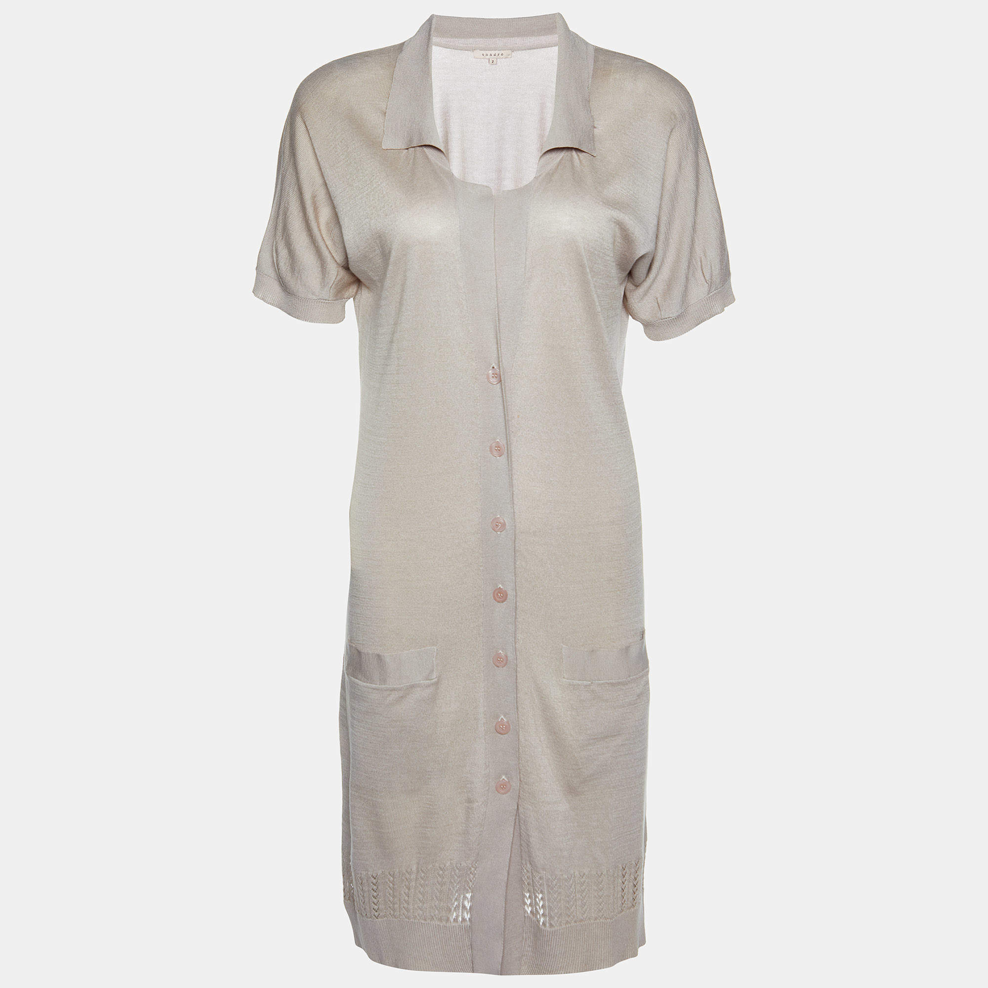 Pre Owned Sandro Beige Cotton Knit Buttoned Short Dress S