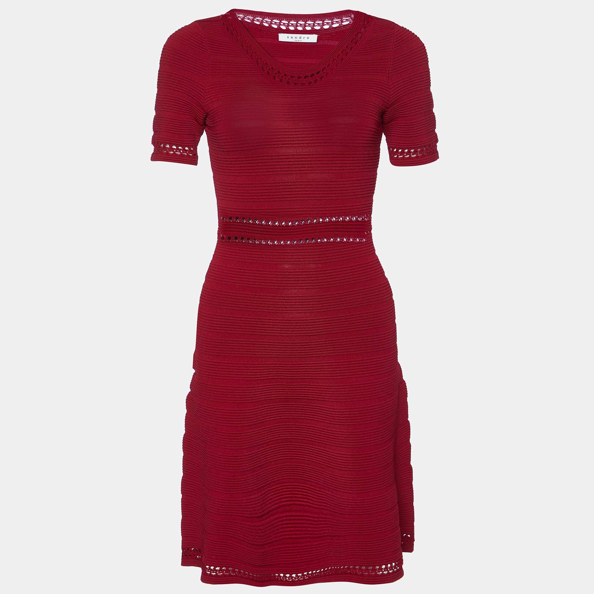 Pre Owned Sandro Red Textured Stretch Knit Flared Dress S