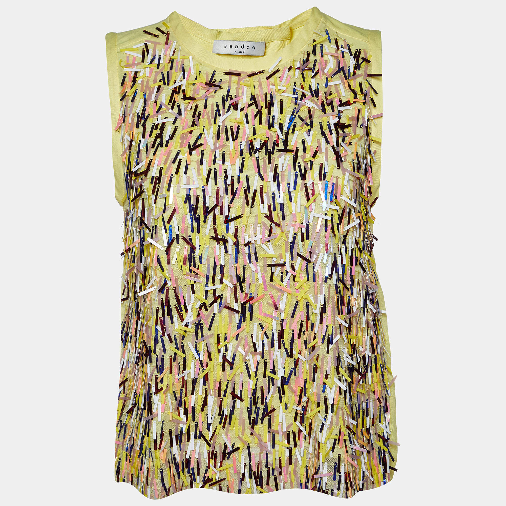 Sandro Yellow Sequin Fringe Embellished Mesh Sleeveless Top S