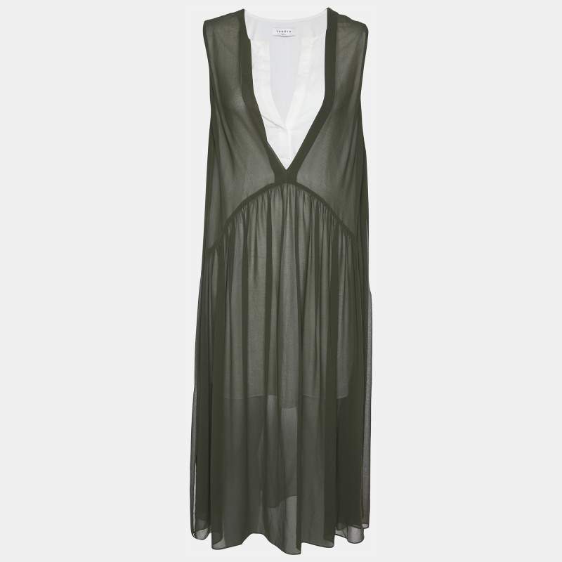 Pre Owned Sandro Olive Green Chiffon Riham Overlay Dress M