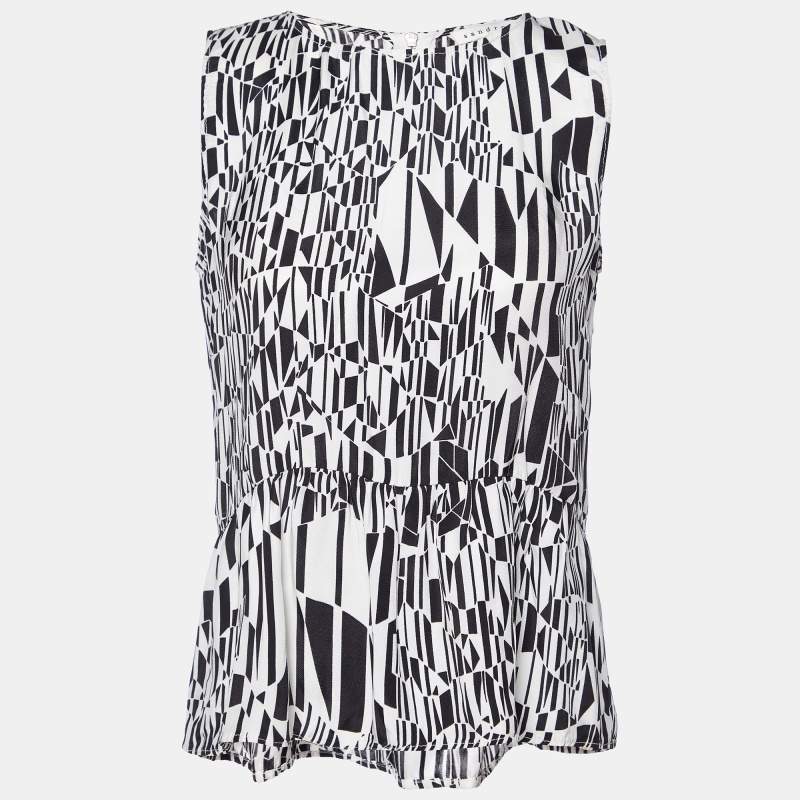 Sandro Monochrome Printed Sateen Peplum Top S