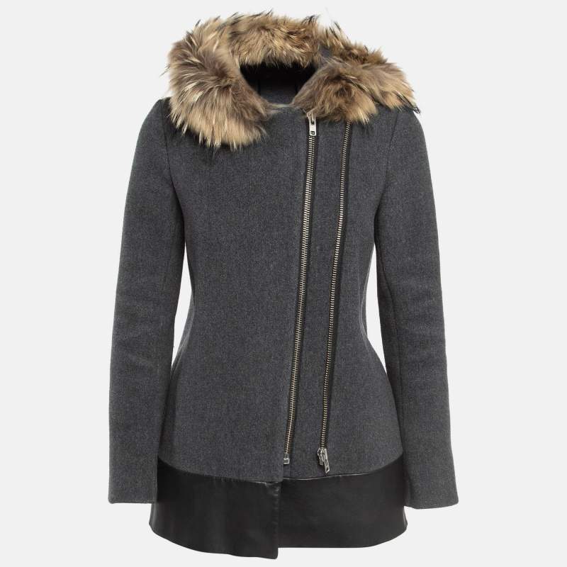 Sandro Grey Wool Blend and Fur Hooded Coat XS