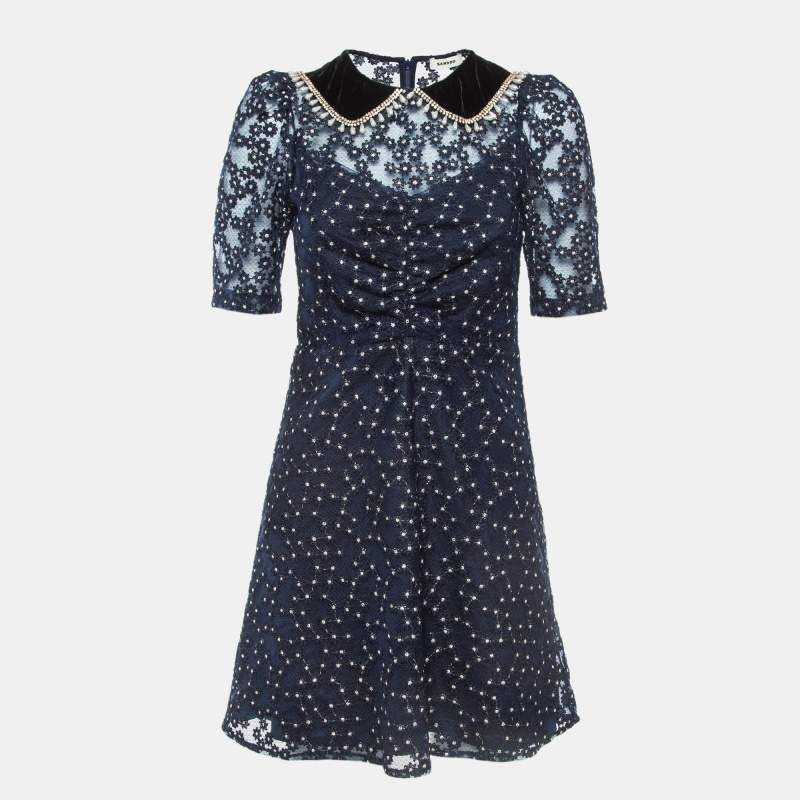 Pre Owned Sandro Navy Lace Neck Embellished Mini Dress XS