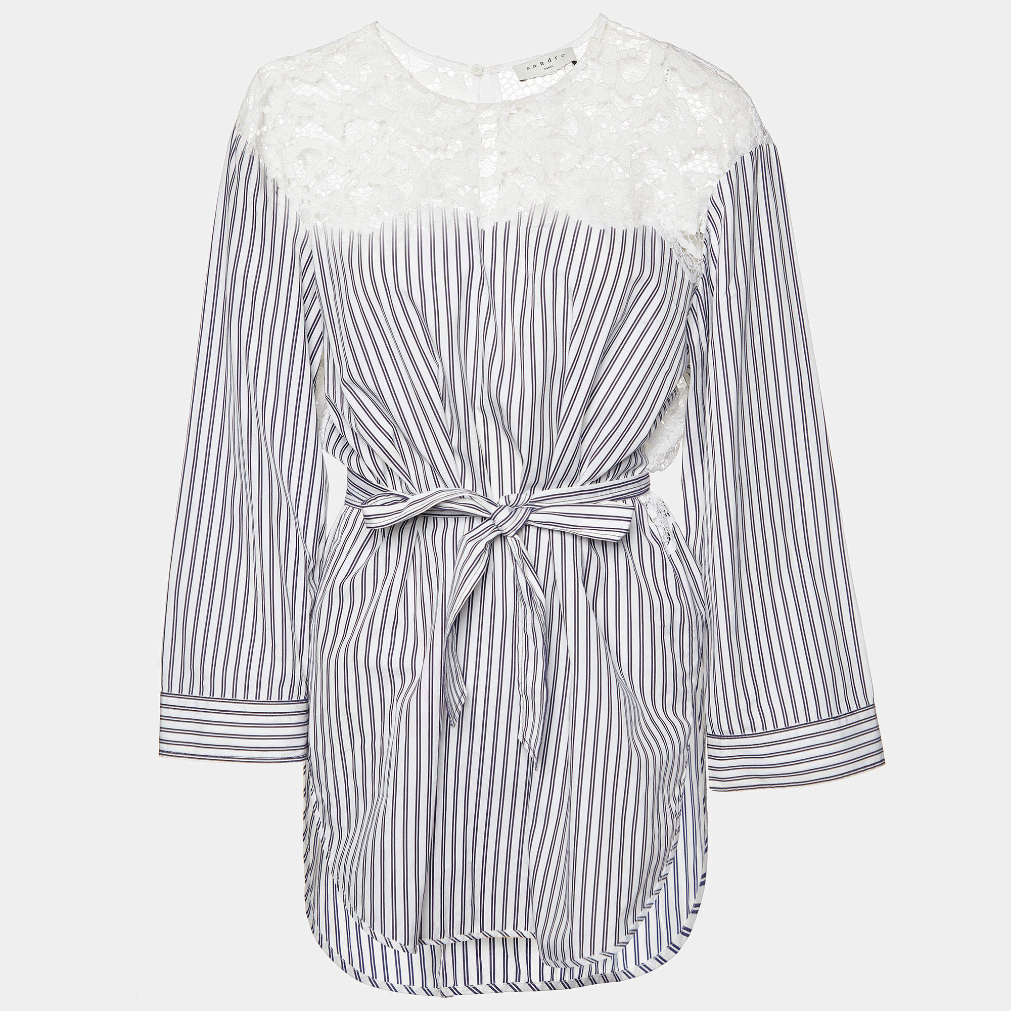 Pre Owned Sandro White/Blue Striped Cotton Lace Trim Dorothee Top L