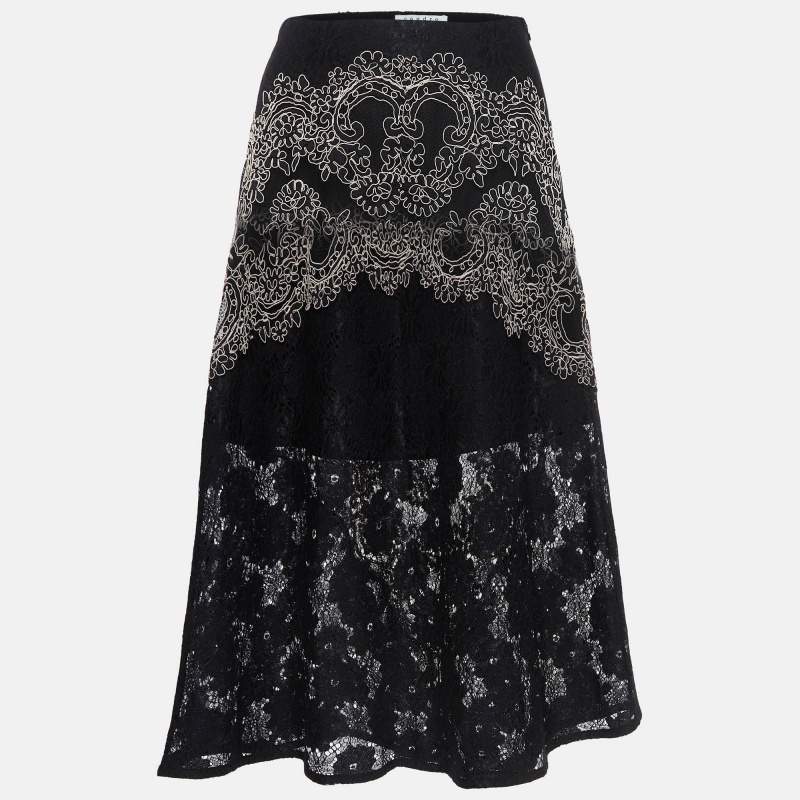 Sandro Black Lace Embroidered Midi Skirt S