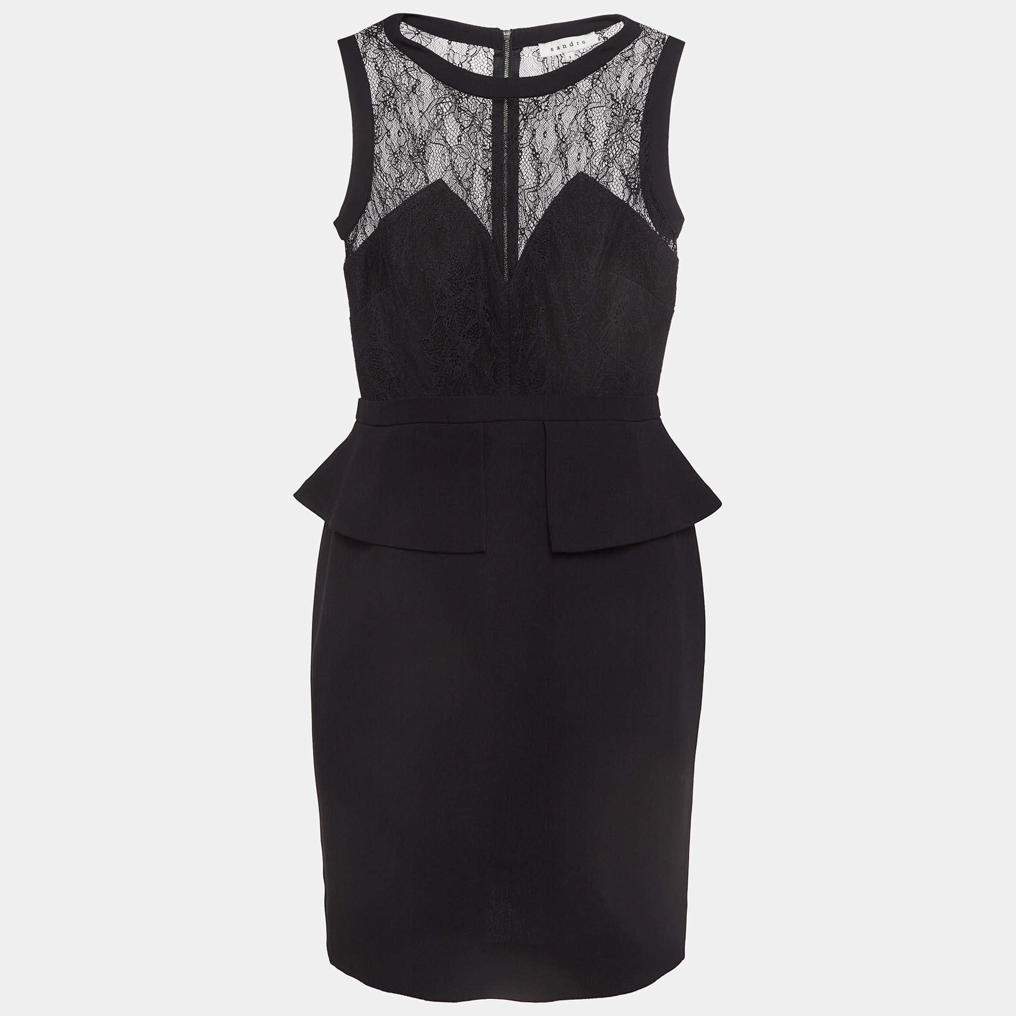 Pre Owned Sandro Black Lace And Crepe Peplum Mini Dress S