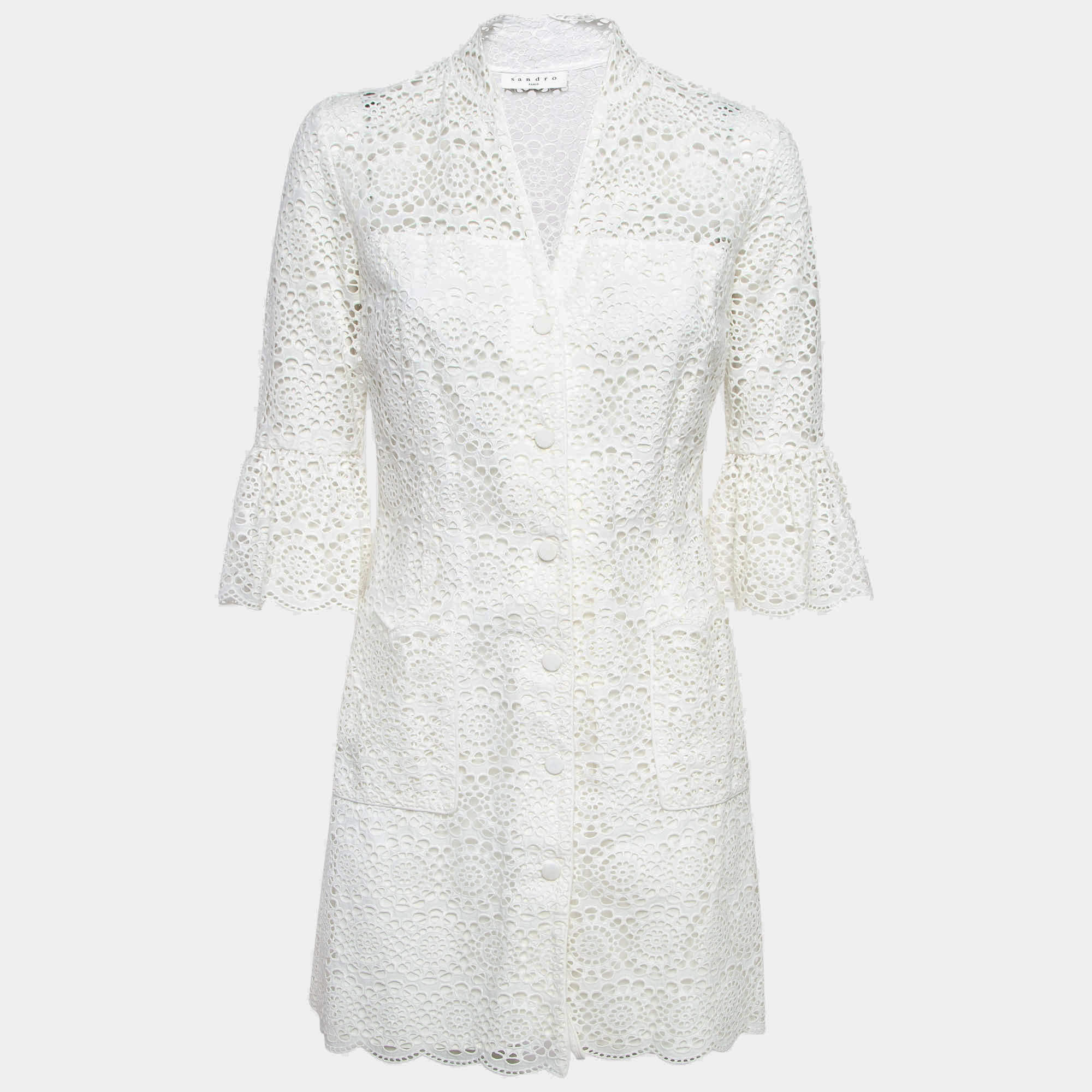 Pre Owned Sandro White Floral Lace Buttoned Front Mini Dress M