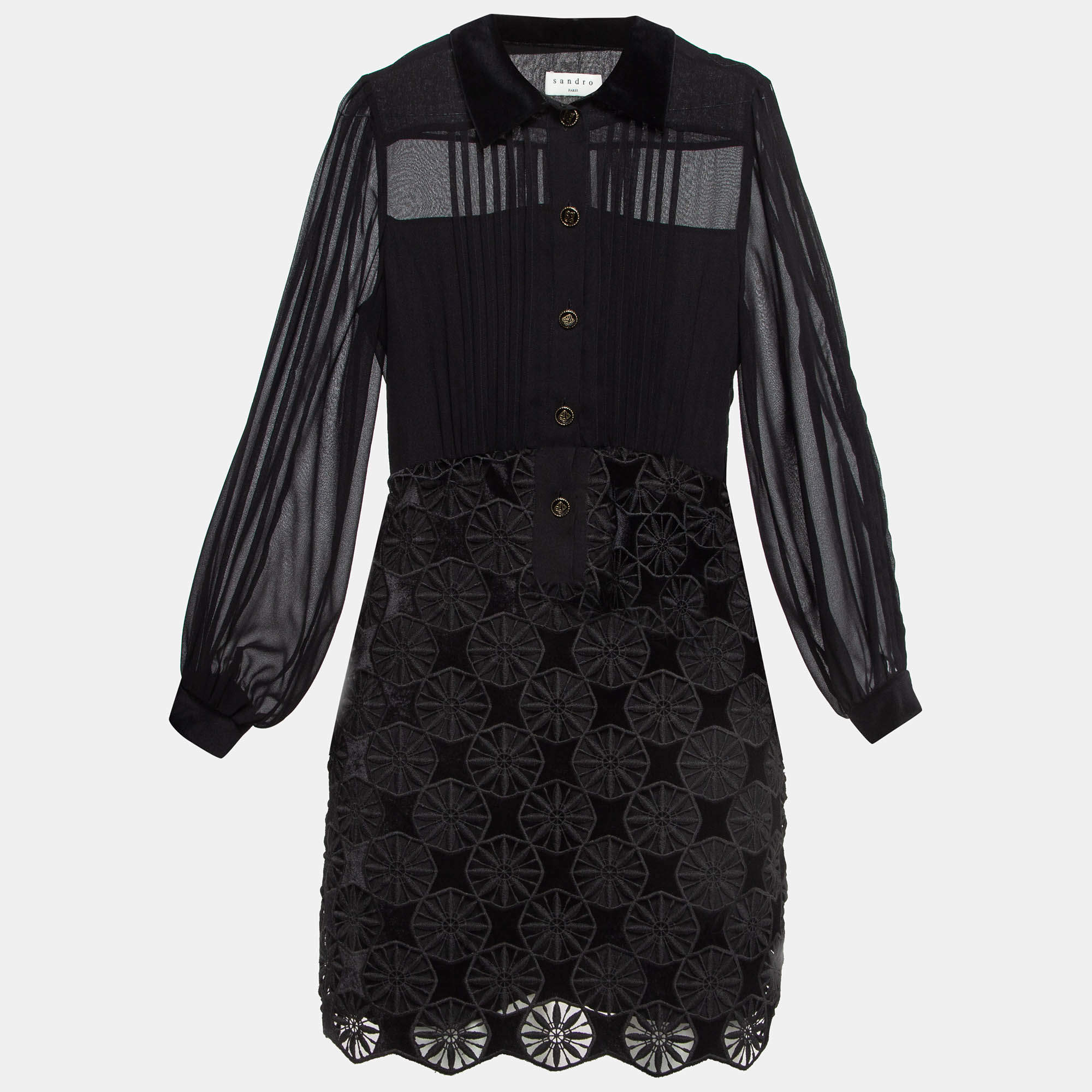 Sandro Black Velvet Lace and Crepe Mini Dress S