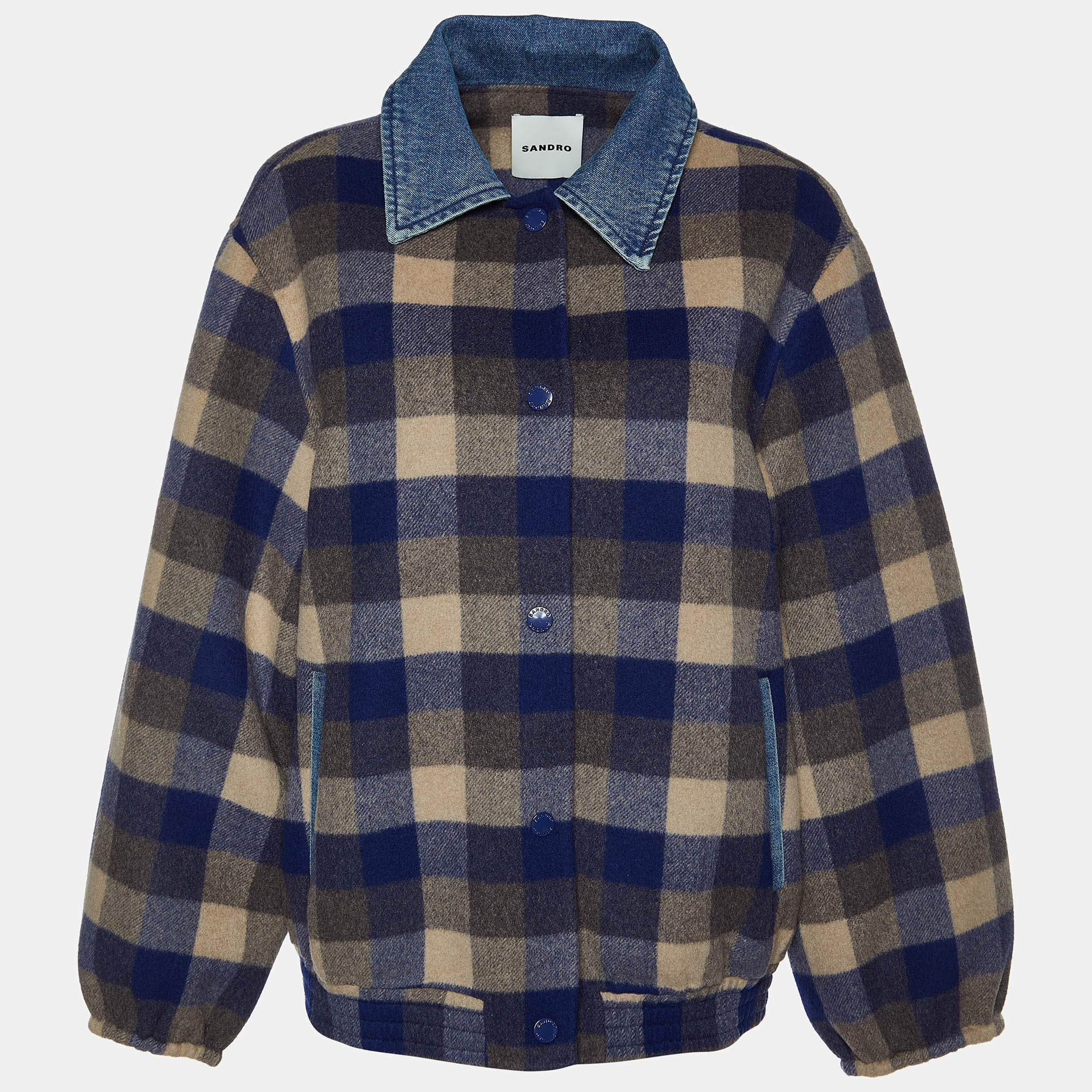 Sandro Navy Blue Checked Wool & Denim Short Coat S