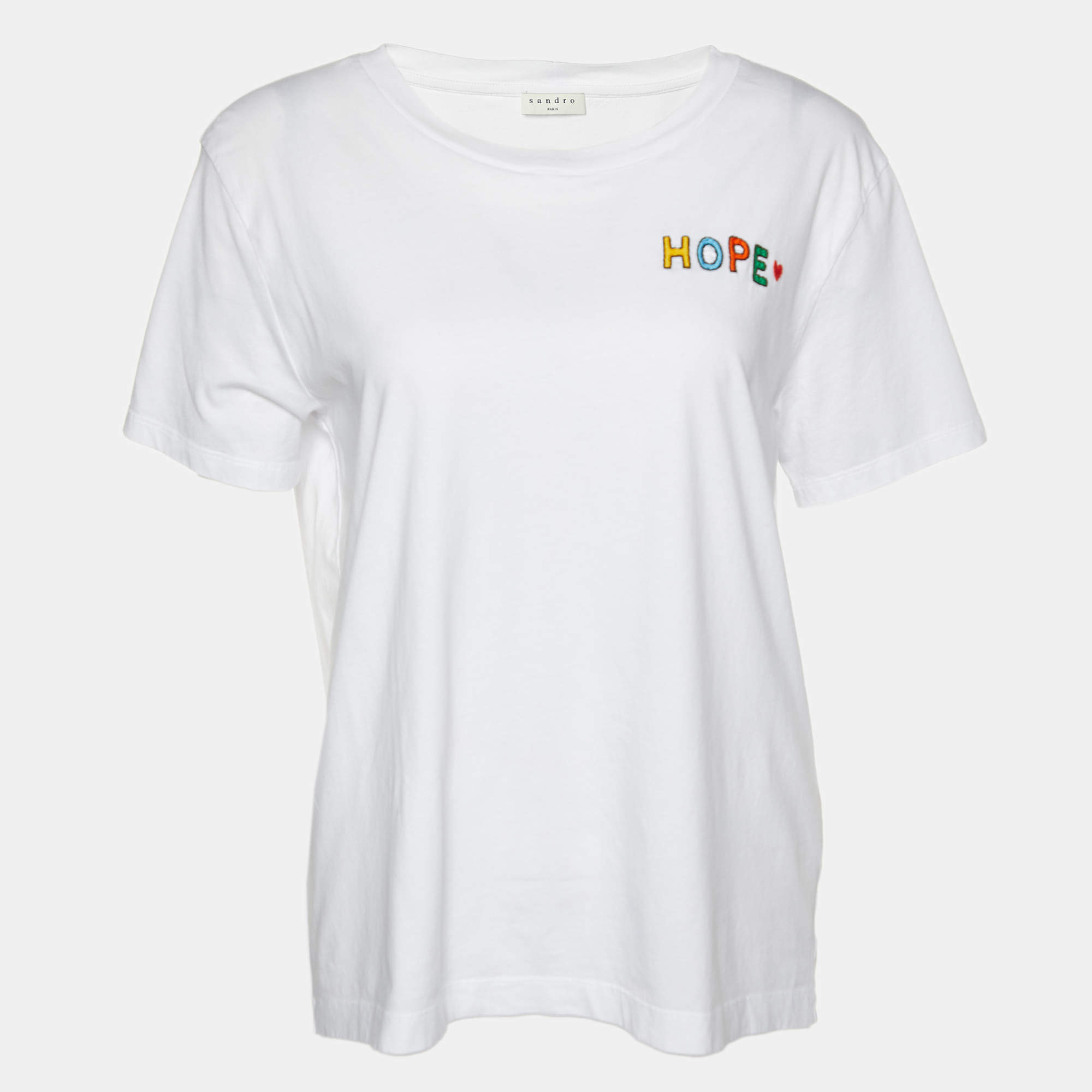 Sandro White Cotton Hope Embroidered Crew Neck T-Shirt S
