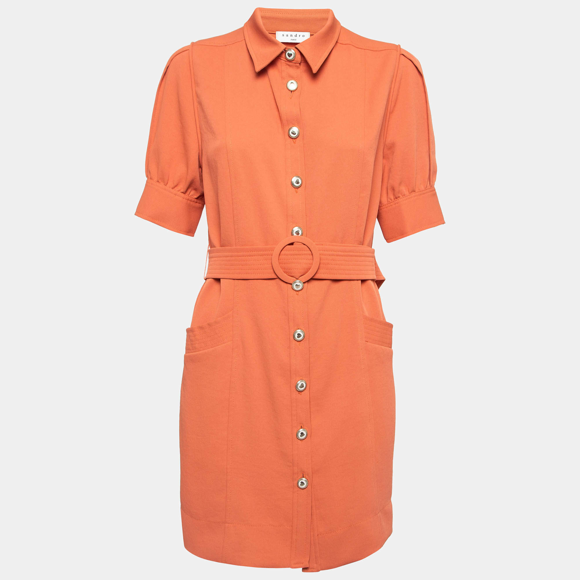 Pre Owned Sandro Orange Stretch Knit Belted Joody Mini Dress M