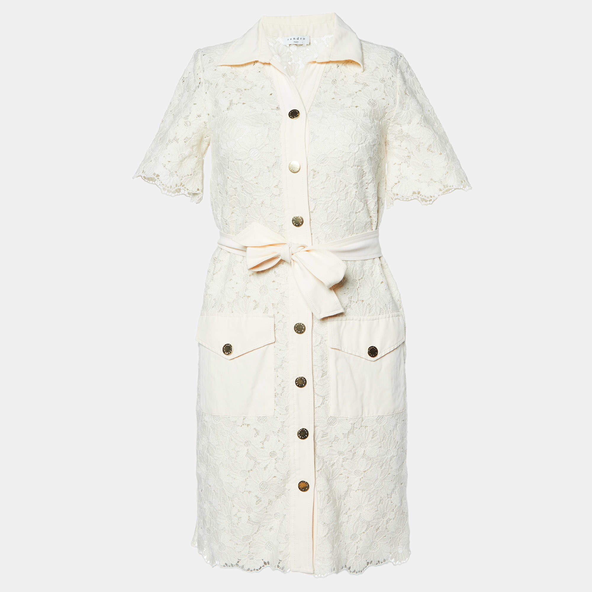 Sandro Ecru Guipure Lace Adrienne Belted Shirt Dress S