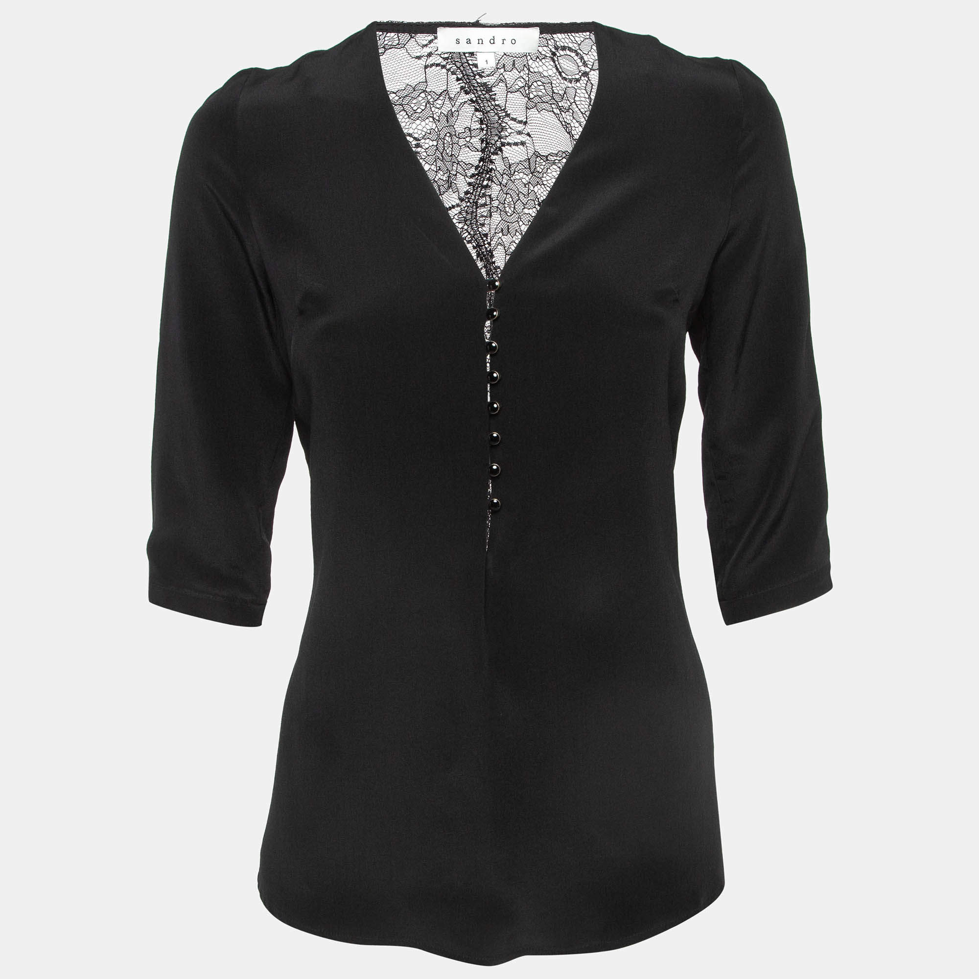 Pre Owned Sandro Black Silk Lace Trim Top S
