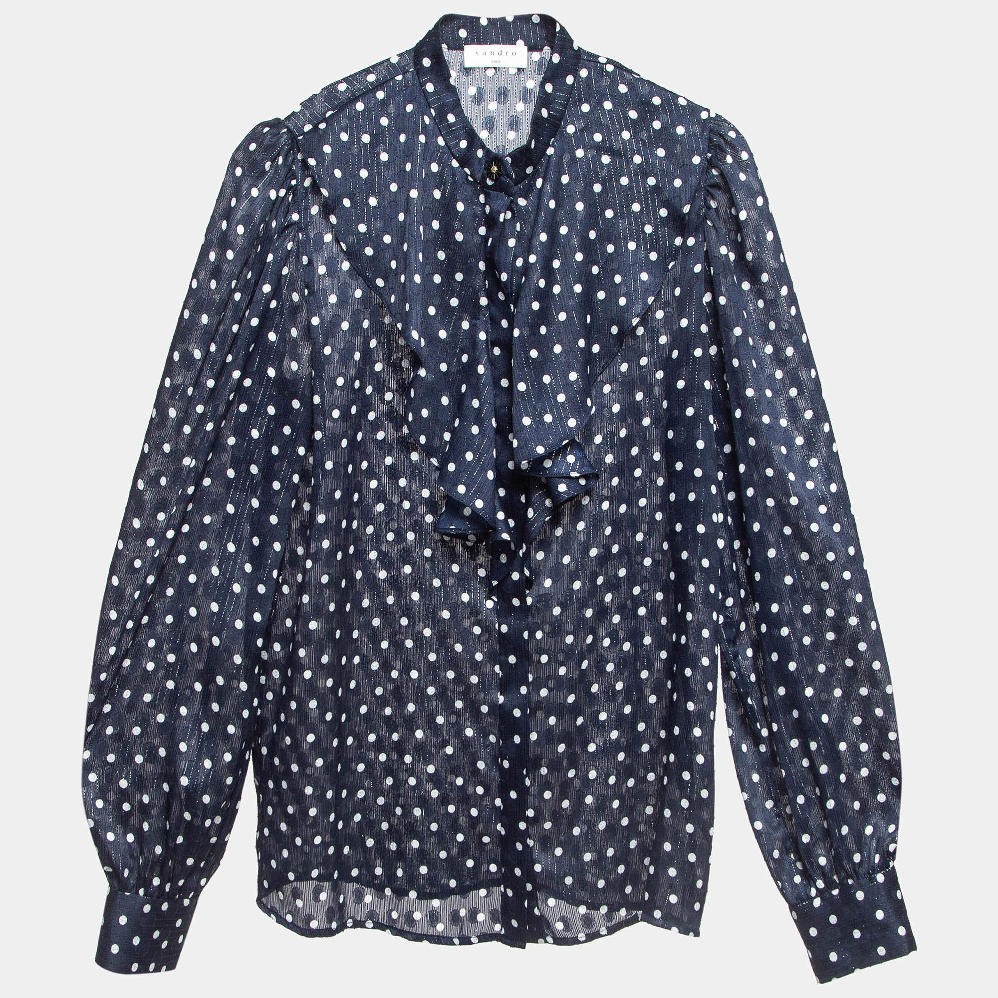 Pre Owned Sandro Navy Blue Metallic Thread Polka Dot Chiffon Shirt XS