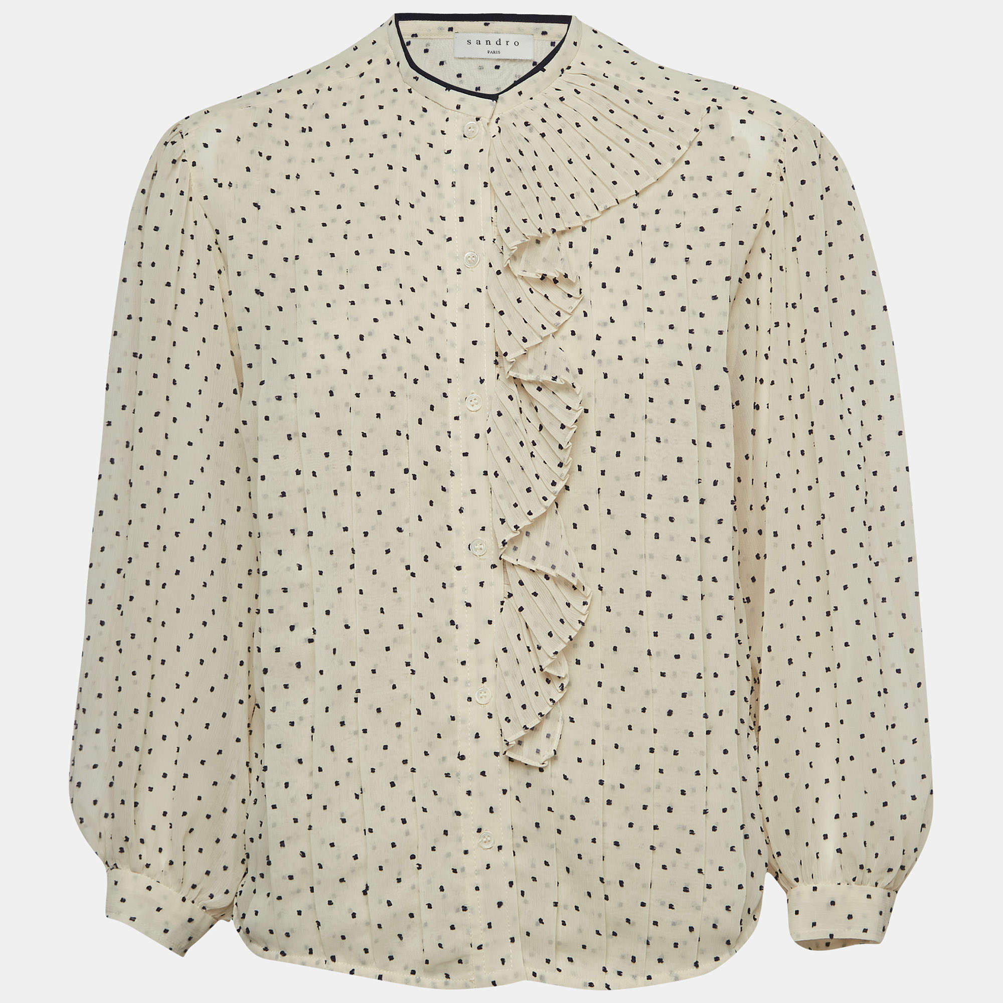 Pre Owned Sandro White Swiss Dots Chiffon Ruffled Shirt XS