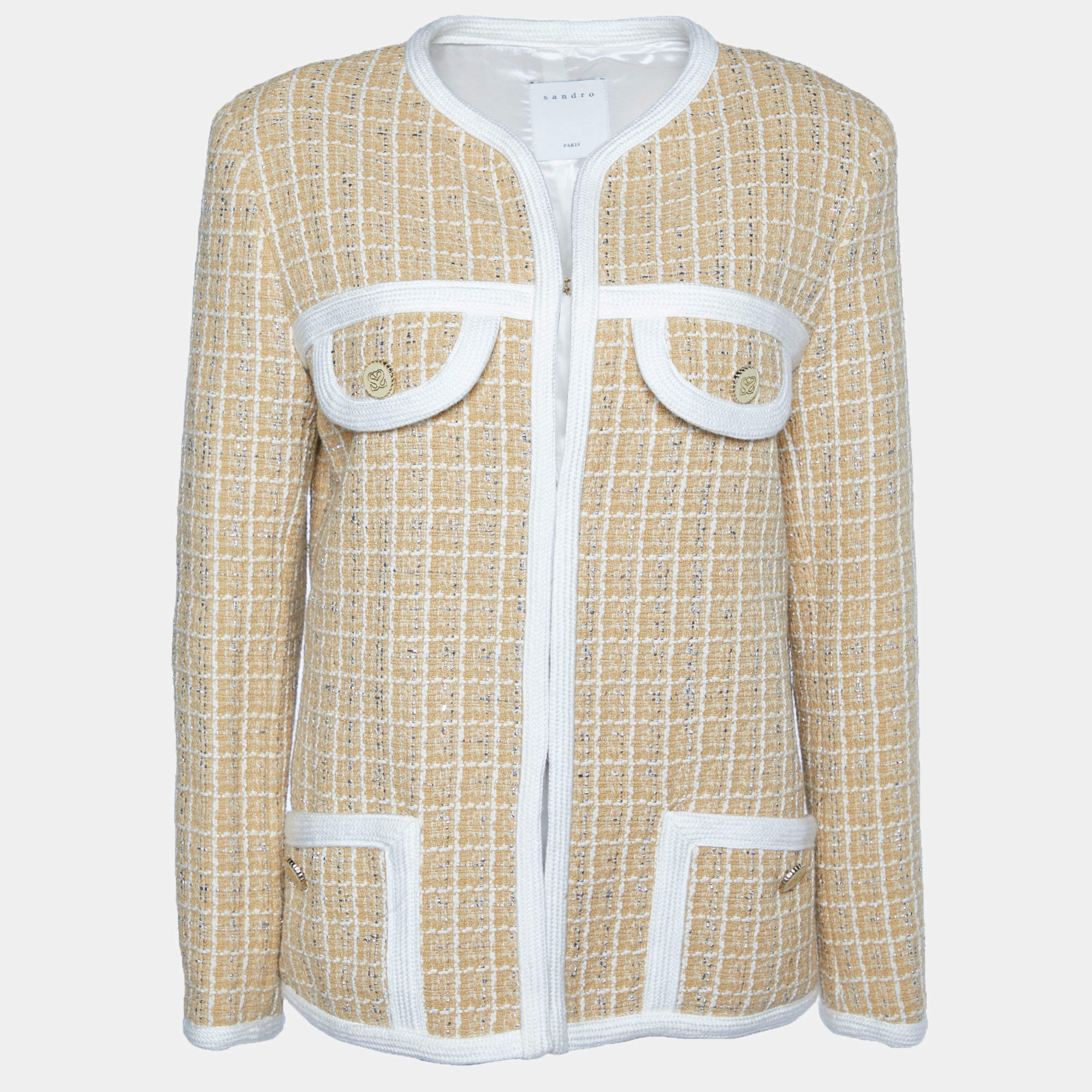 Sandro Yellow Ochre Cotton Blend Tweed Mielle Jacket S