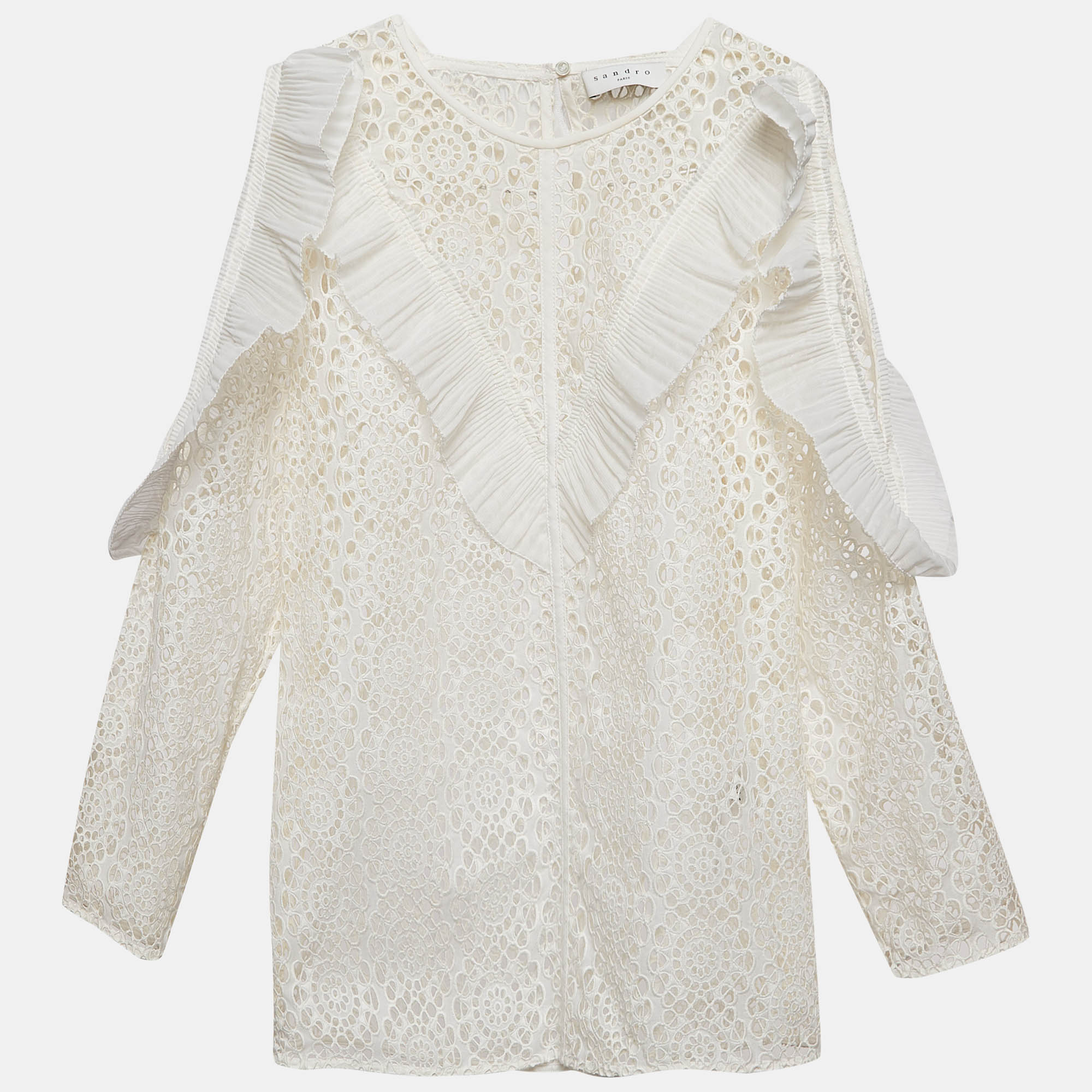 Pre Owned Sandro Off-White Lace Full Sleeve Ruffled Top M