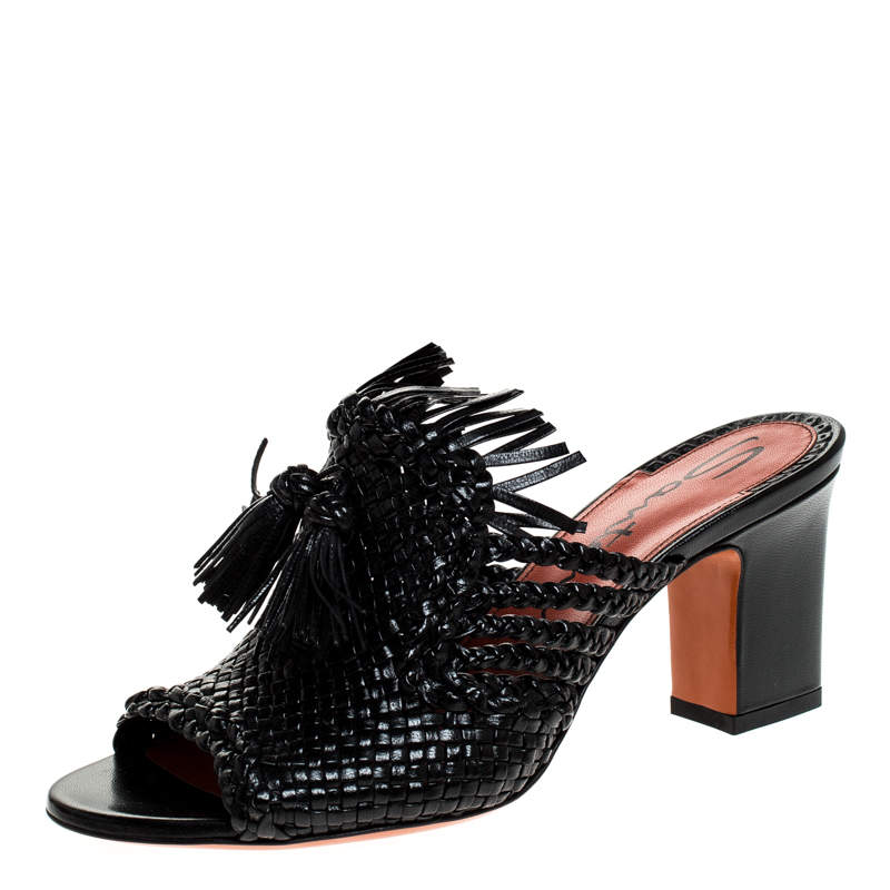 مملوكة مسبقًا Santoni Black Woven Leather Fringe Detail Open Toe Mules Size 38.5