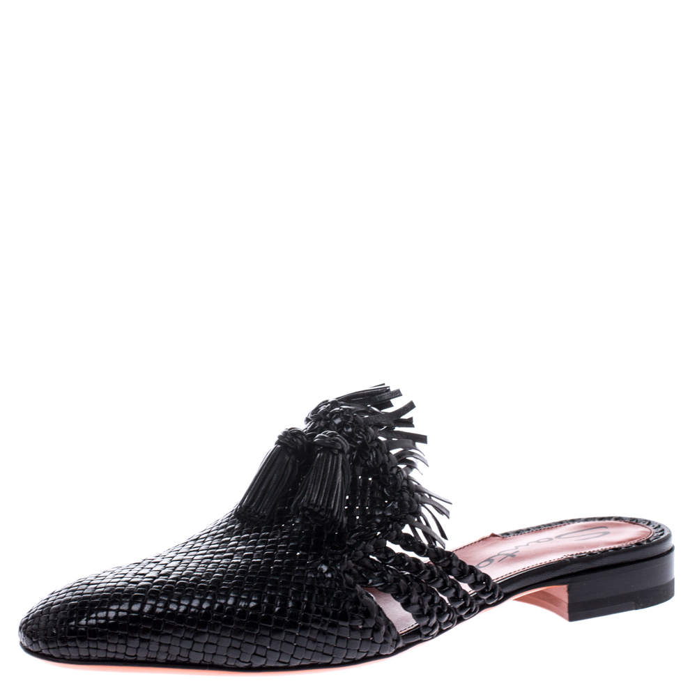مملوكة مسبقًا Santoni Black Woven Leather Fringe Detail Flat Mules Size 37