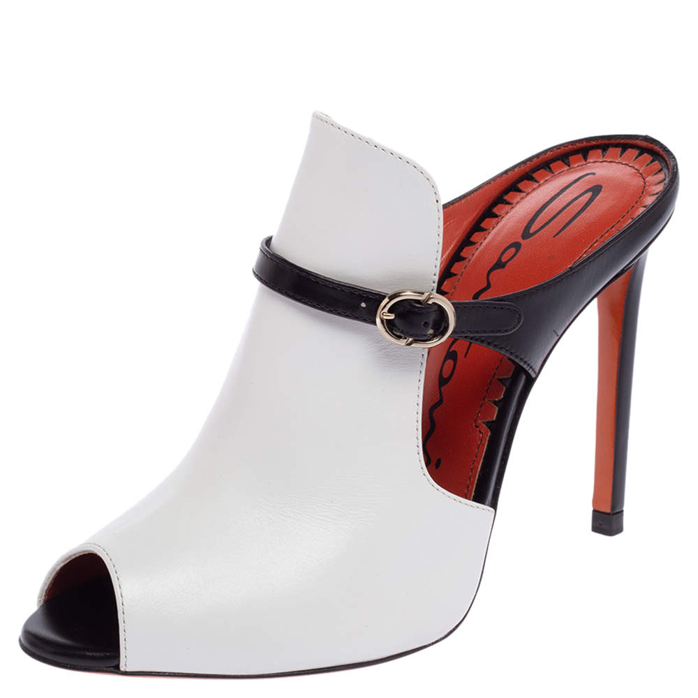Santoni White/Black Leather Peep-Toe Mules Size 35.5