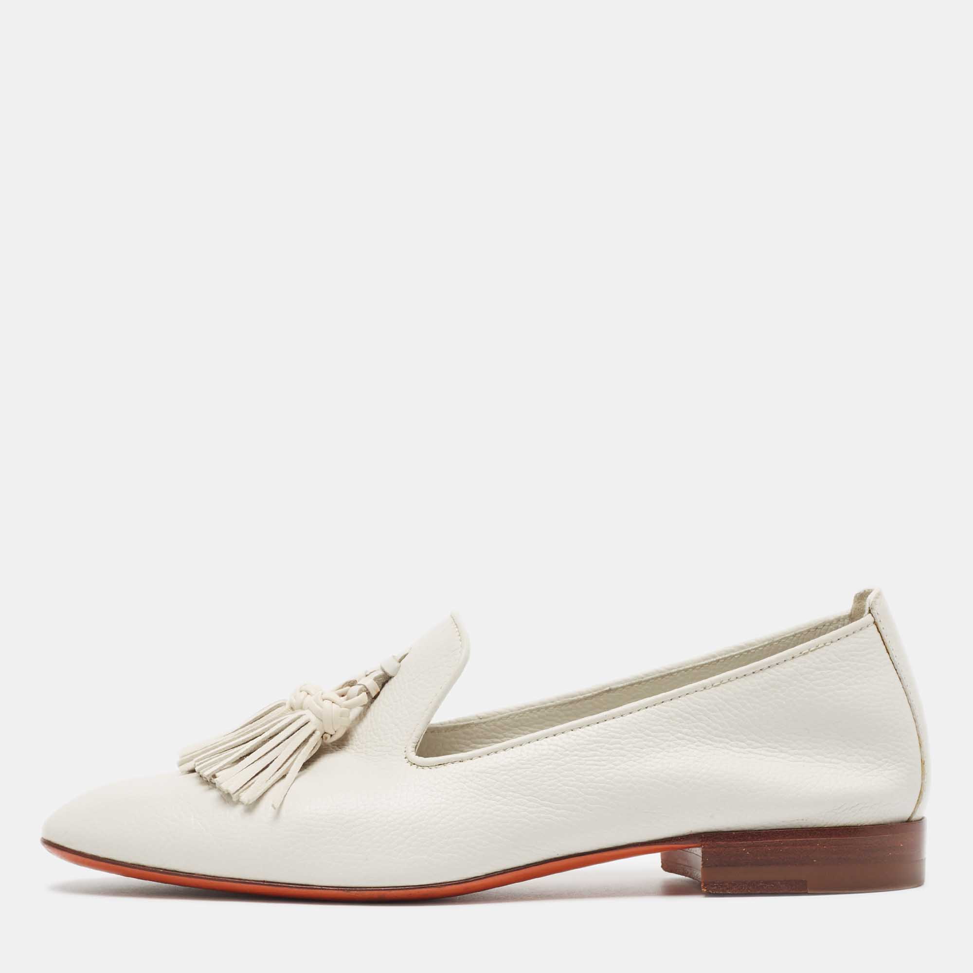 Santoni White Leather Tassel Detail Loafers Size 37