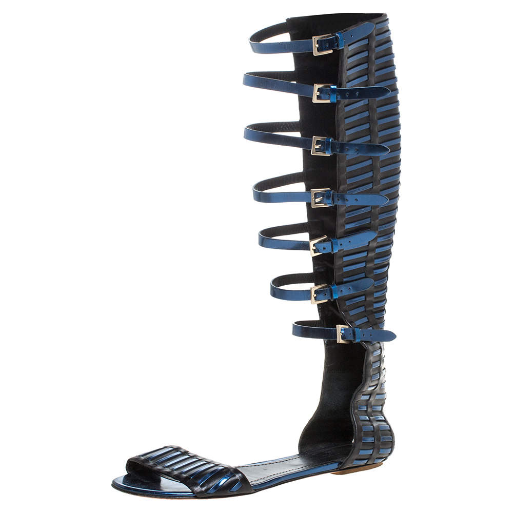 Pre Owned Santoni Black/Metallic Blue Leather Gladiator Sandals Size 40