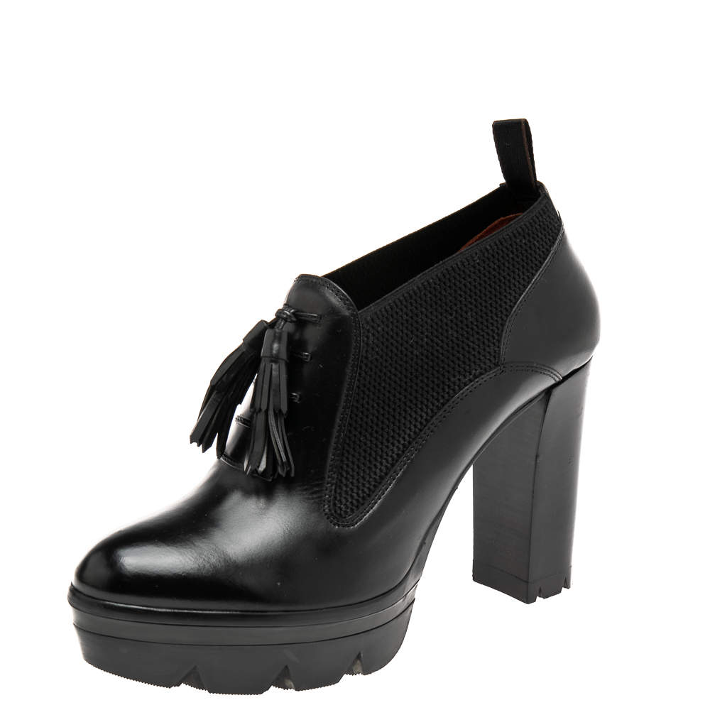 Pre Owned حذاء بوت للكاحل سانتوني جلد أسود وإلاستيك بشراشيب مقاس 39