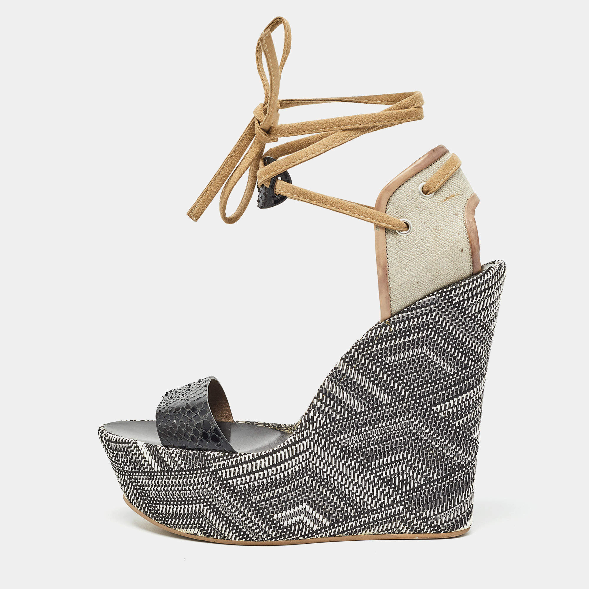 Santoni Black/Beige Canvas and Python Leather Wedge Platform Ankle Wrap Sandals Size 40