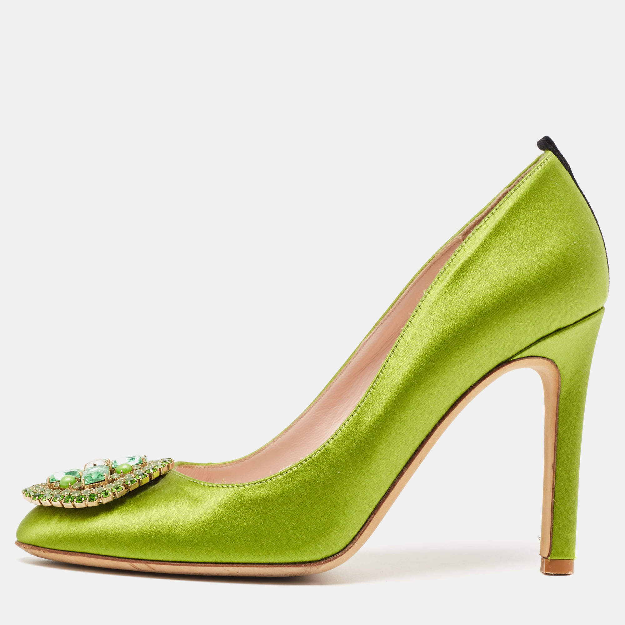 Pre Owned SJP Sarah Jessica Parker Green Satin Crystal Embellished Pumps Size 37