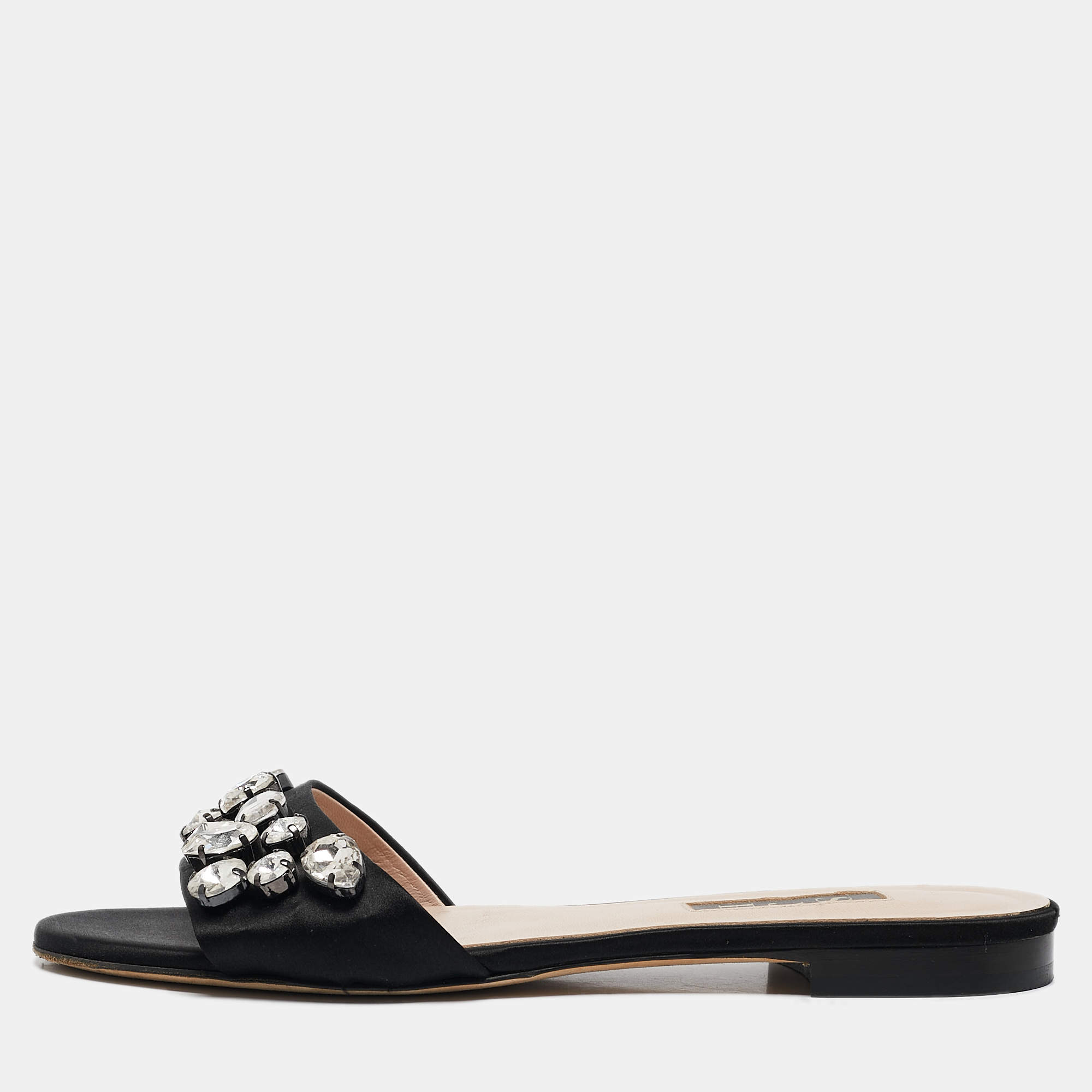 SJP Sarah Jessica Parker Black Satin Crystal Embellished Flat Slides Size 37